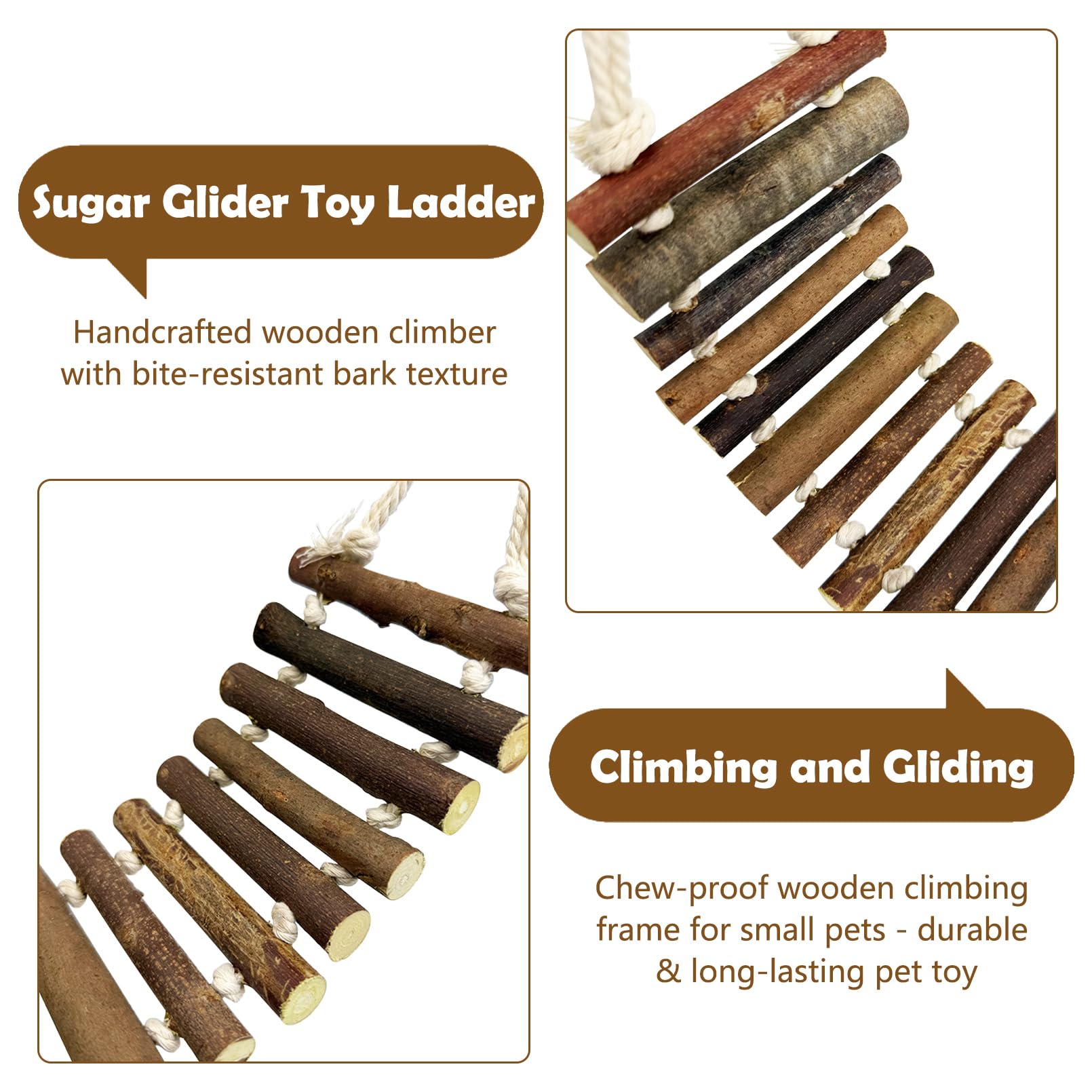 BNOSDM Sugar Glider Kletterspielzeug 2 Stück Natur Holz Seil Leiter Hängende Zuckergleiter Brücke Käfig Zubehör für Mäuse Ratten Hamster Rennmäuse Chinchilla