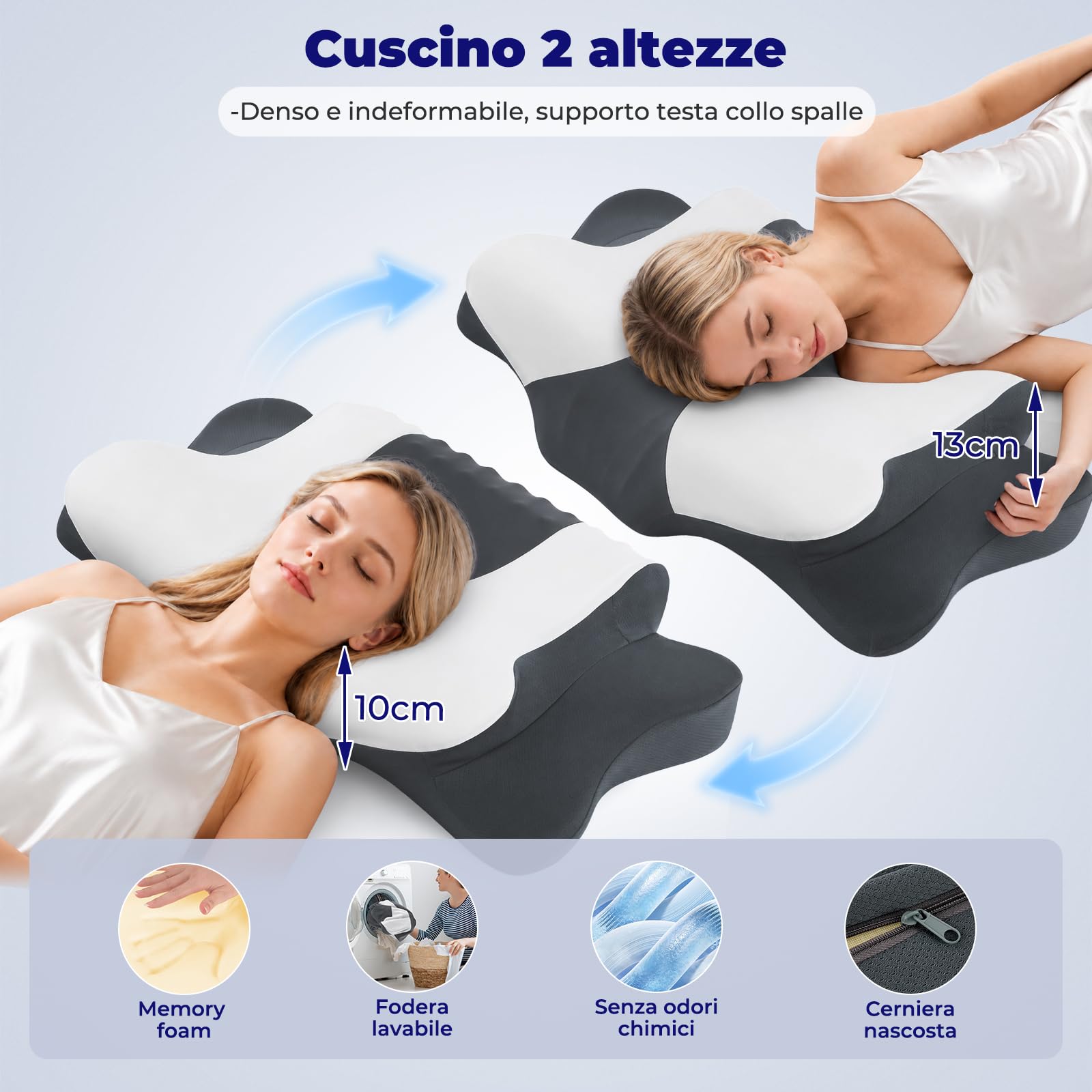 DONAMA Cuscino Cervicale Memory Foam Farfalla per Dormire, 2 Altezze | Comfort per collo e spalle, Cuscino Ergonomico per ogni posizione, misura 64x39x10/13 cm, ideale per tutta la famiglia
