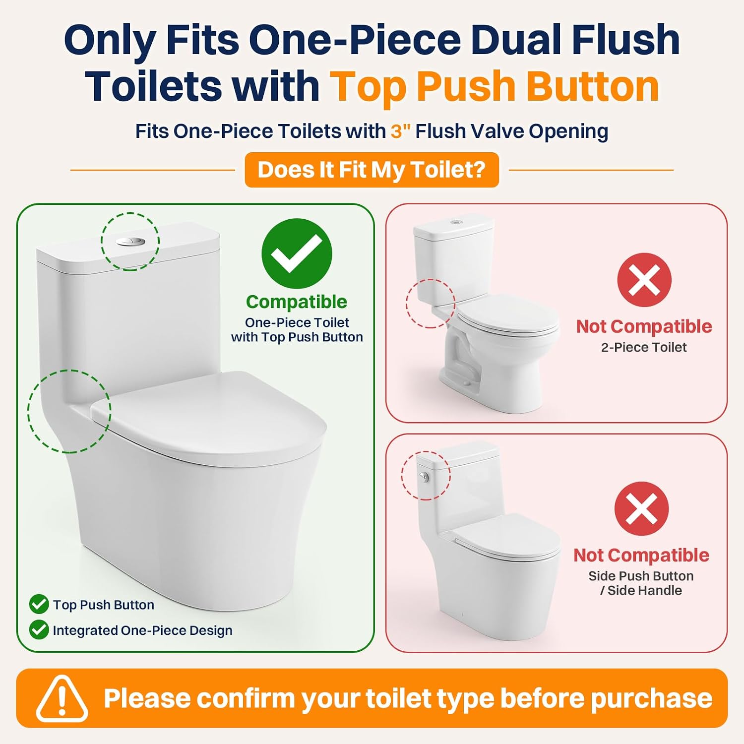 3 Inch Dual Flush Valve Replacement Kit for One-Piece Top Button Toilets | Includes fill valve and no-cut overflow tube; helps fix leaks, running water, weak flushes and top button issues