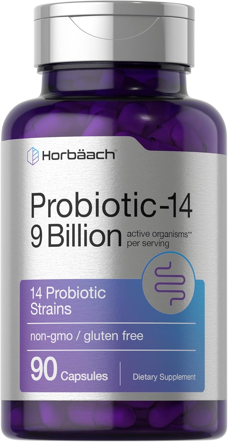 Horbäach Probiotics for Women & Men | 14 Strains for Digestive Health | 9 Billion CFU | 90 Capsules | Non-GMO & Gluten Free Supplement Horbäach Probiotics for Women & Men | 14 Strains for Digestive Health | 9 Billion CFU | 90 Capsules | Non-GMO & Gluten Free Supplement