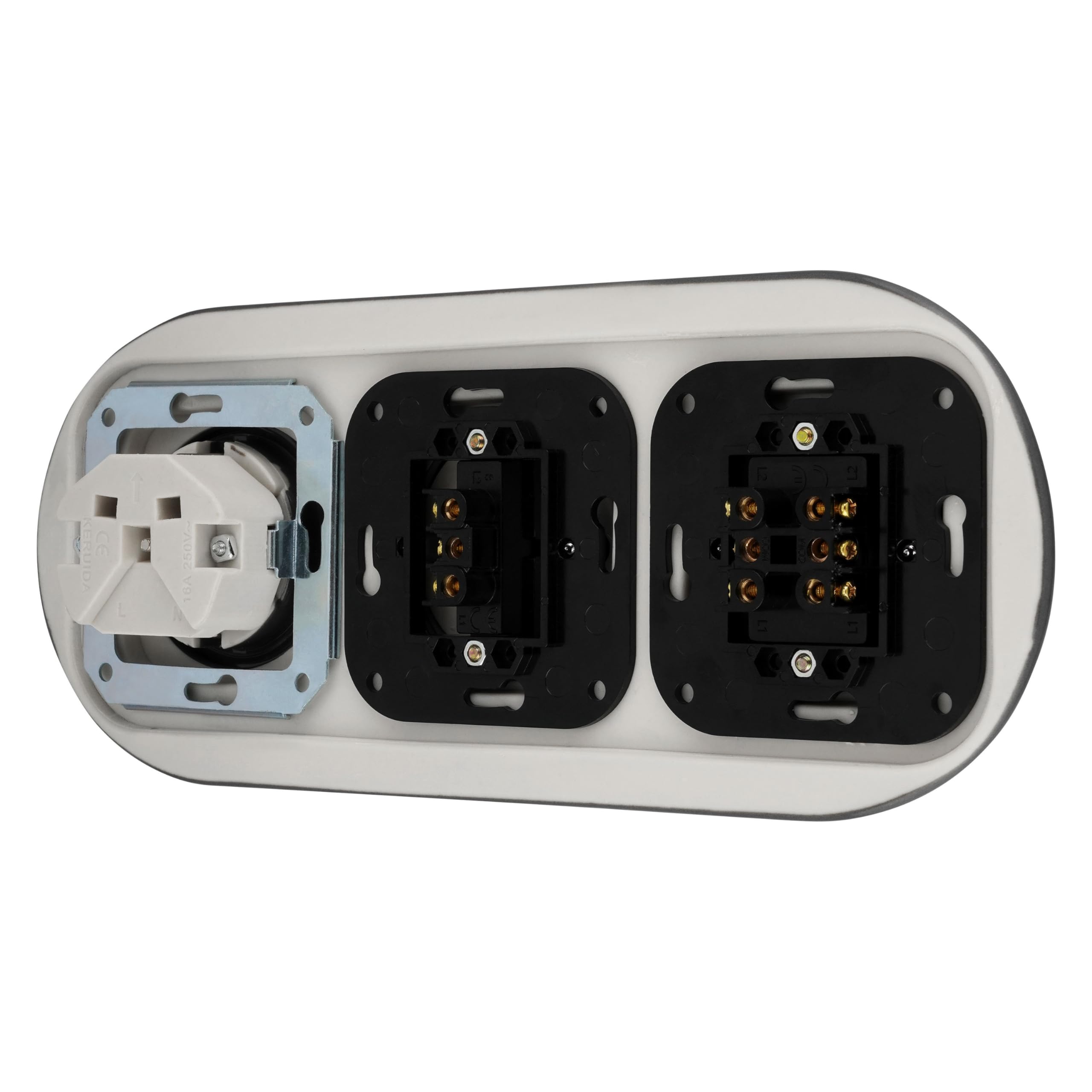 Unterputz Porzellan Retro Steckdose, Schalter, 3-fach, All-in-One, SET Serie PR1 dunkelgrau