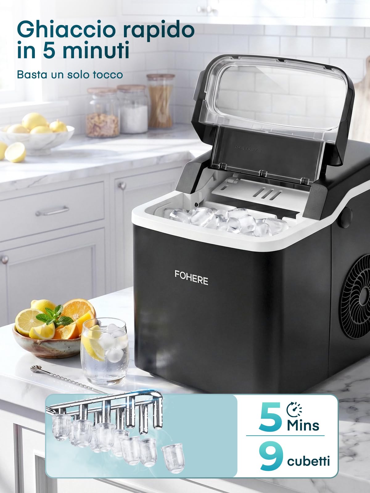 FOHERE Macchina Ghiaccio da Tavolo, 9 Cubetti in 5 Min, Capacità 14KG/24H, Macchina del Ghiaccio Autopulente con Coperchio Completamente Apribile, 2 Dimensioni, per Casa, Cucina, Ufficio, Campeggio