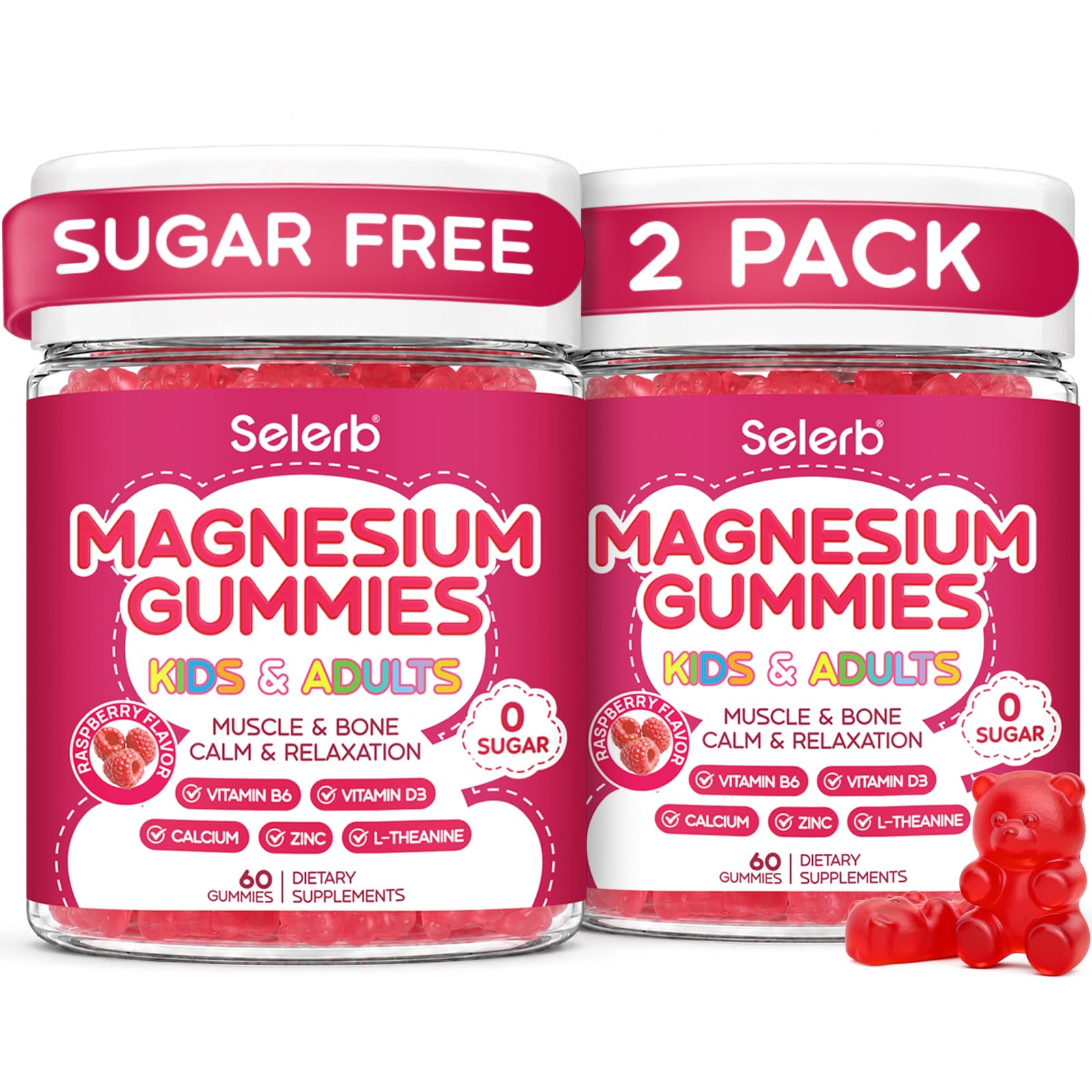 Magnesium Glycinate Gummies for Kids & Adults Melatonin Free Calm Magnesium Gummies with Citrate, Malate, B6, D3, Calcium & L-Theanine for Sleep Relaxation, Bone & Muscle Magnesium for Kids 2 Packs 60 Count (Pack of 2)