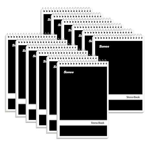 SUNEE 12 Pack Steno Pads 6x9, Gregg Rule, 60 Sheets, Spiral Notebook 6x9, White Paper, Take Notes with Top Spiral Notebook, for School, University, College, Work, Office, Black