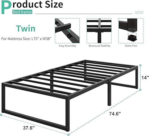 Miniatura 79 de Marco de cama individual de 9 pulgadas, marco de cama individual de metal resistente, no necesita somier, sin ruido, fácil montaje, color negro