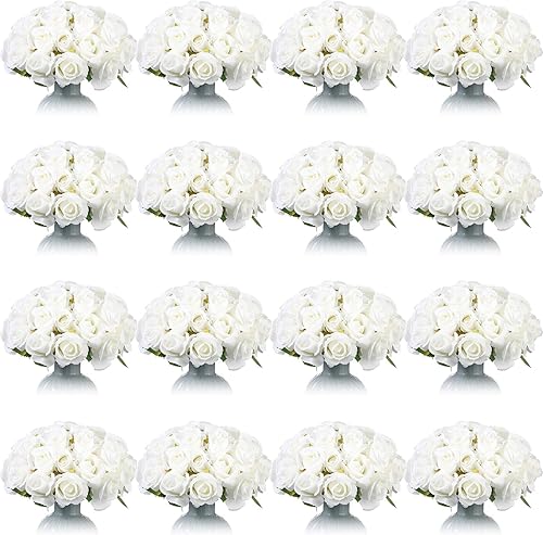 Jexine Ramo de 240 rosas artificiales de seda realista, centros de mesa a granel, rosas falsas para decoración del hogar, boda, fiesta (blanco)