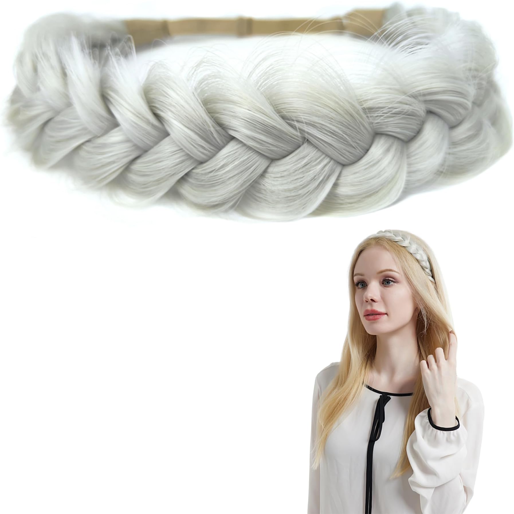 Braid Headband 2 Strands Messy Classic Chunky Plaited Wide Braids Elastic Stretch Quality Synthetic Braided Headband Women Girl Bohemian Hair Braid 65g (White Grey)