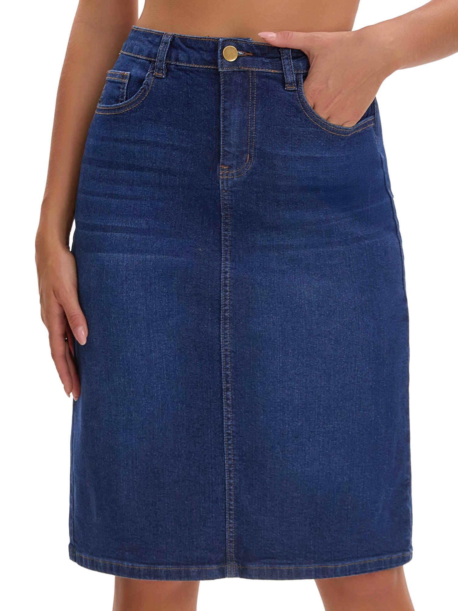 Womens Jean Skirt High Waist Back Slit Stretch Below Knee Length Denim Skirts