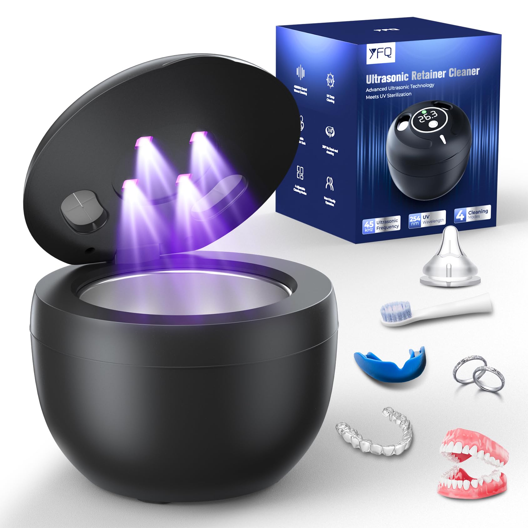 Ultrasonic Retainer Cleaner(2025 Upgraded), 45kHz Cleaning Machine for Dentures, Mouth Guards, Braces, Toothbrush & Jewelry, 200ML Denture Cleaner with 4 Modes for Denture Appliances