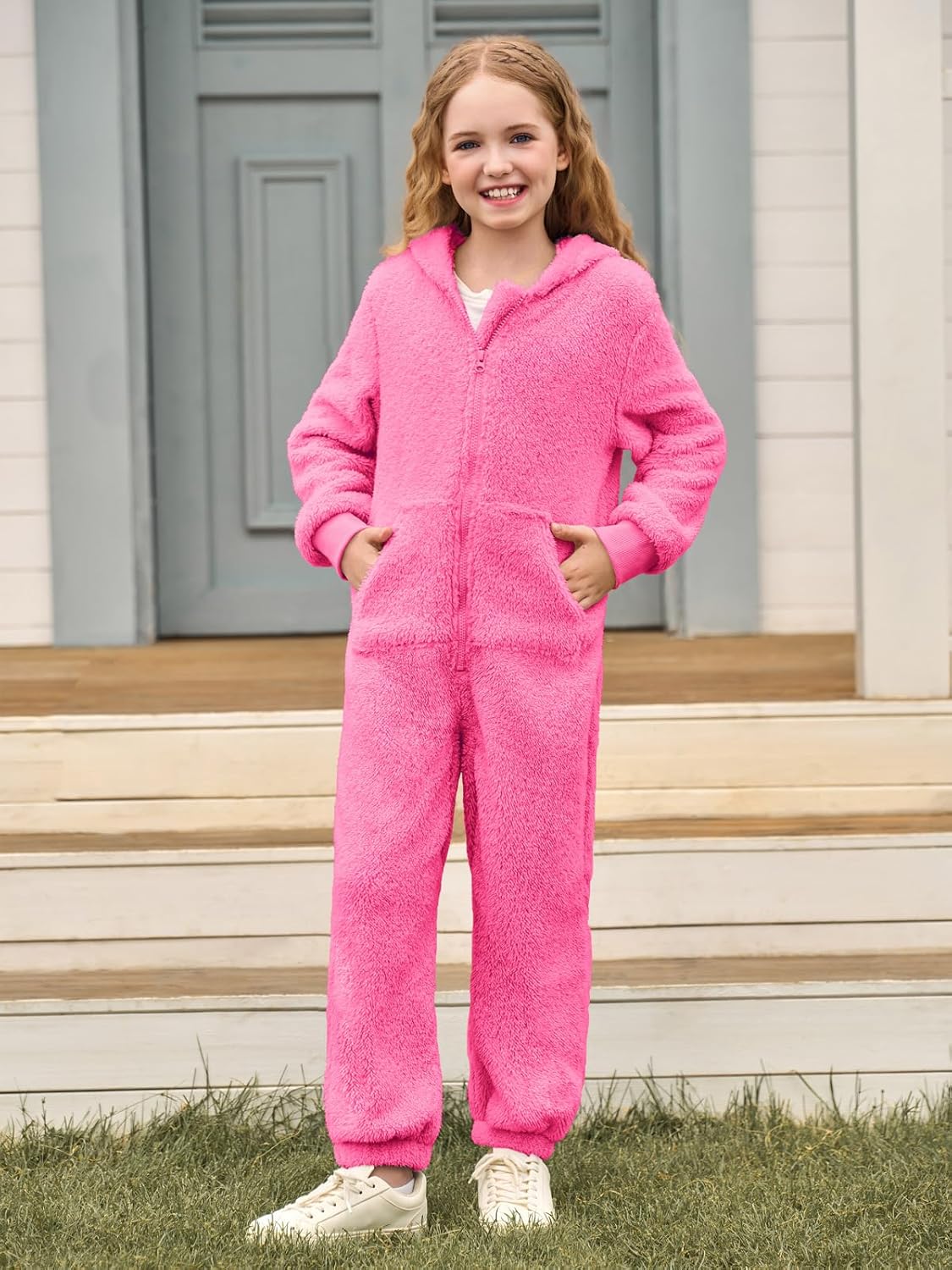 rrhss Girls Fleece Onesie Pajamas Kids Zip Up Hooded Blanket Sleeper with Pockets 5-14 Years - Image 3