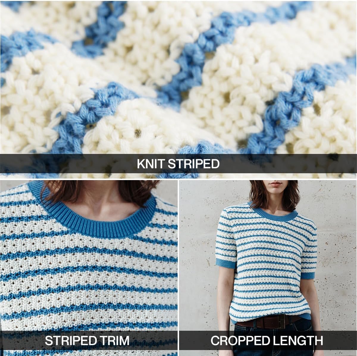 URBAN REVIVO Women's Short Sleeve Sweaters Crewneck Knit Tops Casual Striped 2025 Trendy Soft Summer Blouses - Image 2