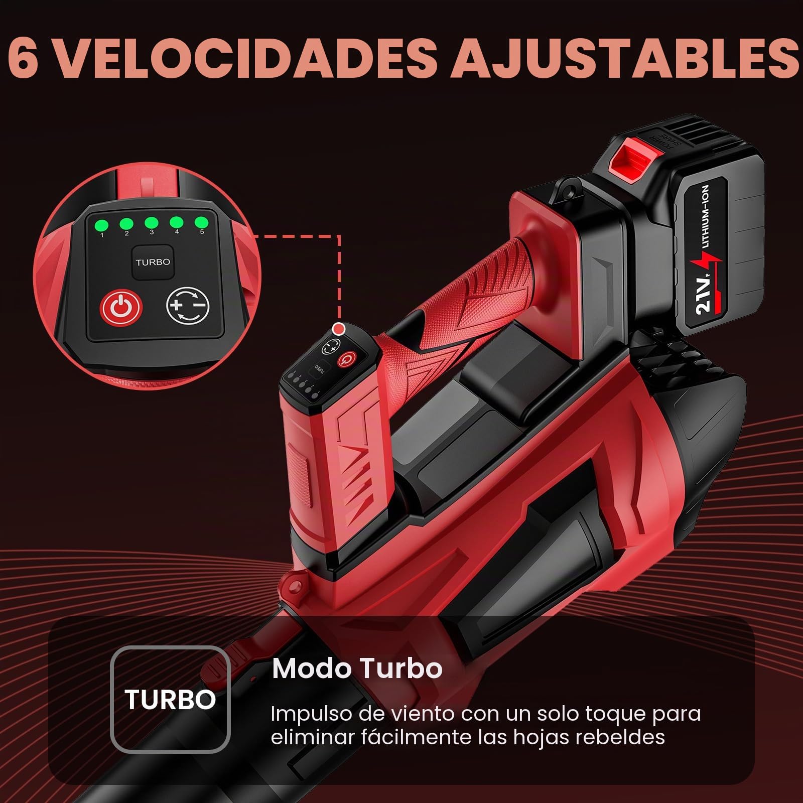 Soplador a Batería 21 V, Soplador de Hojas con 2 X 4,5 Ah Baterías | 5 Velocidades & Turbo Mode, Motor sin Escobillas 360 km/h, 18 000 RPM, Manguera Desmontable, para Jardín, Nieve, Polvo