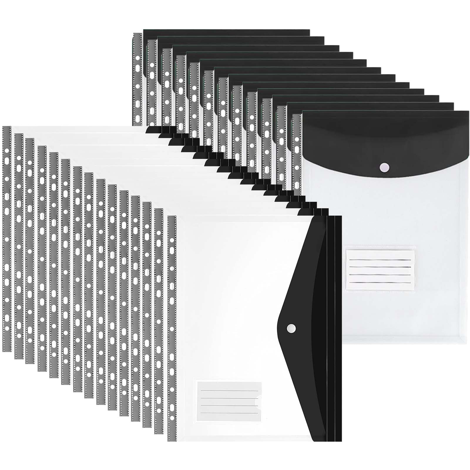 28PCS Plastic Wallets A4 Punched Pockets, 11 Holes Expandable Binder Folders for 2/3/4 Ring Document Pouch with Snap Button & Label Loose-Leaf Transparent for Office School Home (T14S14)