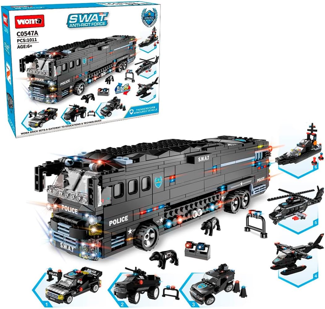 Special Police Cars 6-in-1: Big Truck, Helicopter, Patrol Ship, and Other Vehicles, 1011 Blocks Gift Toys For Boys 6+ Years Old, Kids Learning and Education Family Game, C0547A