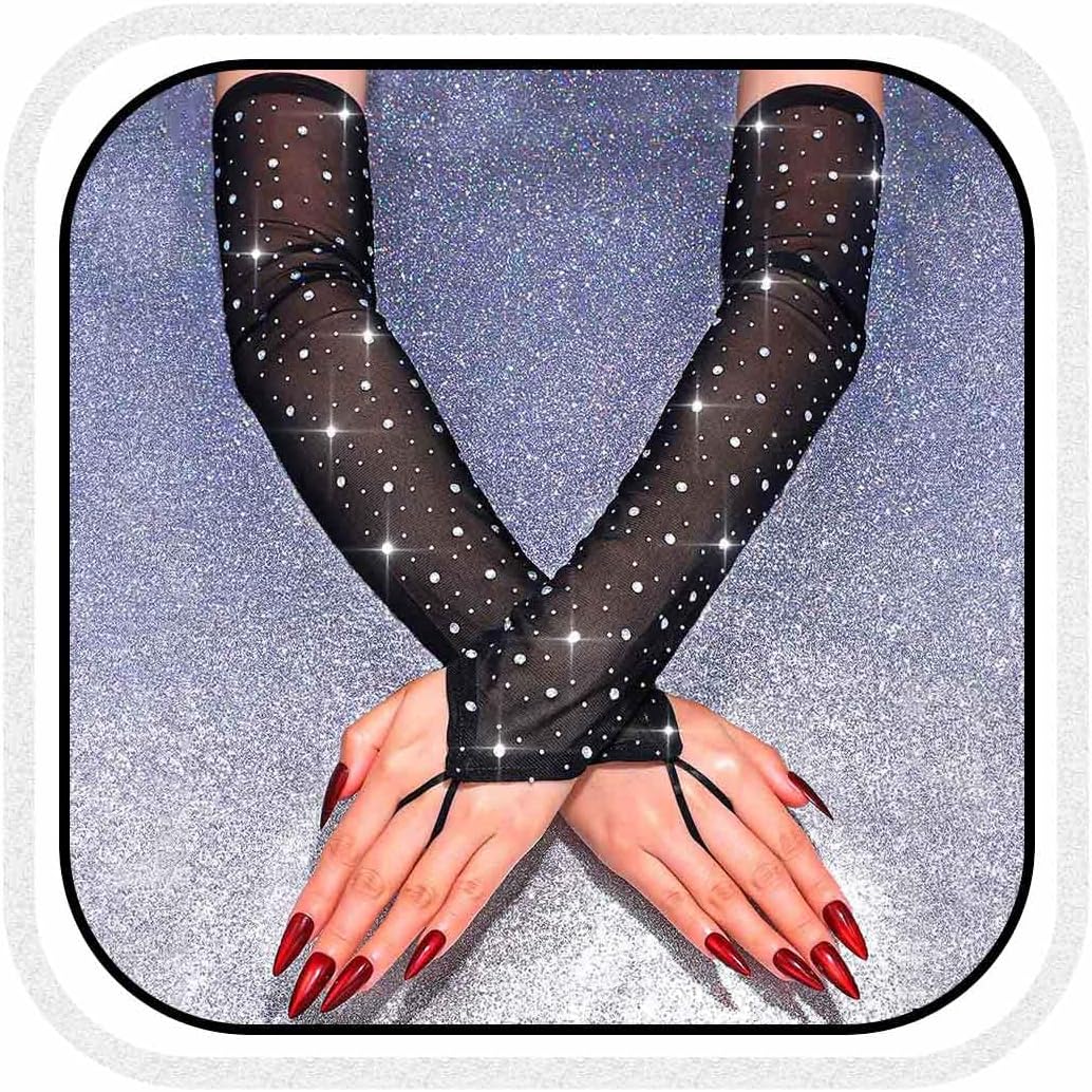 CASDRE Sparkly Rhinestone Long Mesh Gloves Fingerless Elbow Length Arm Sleeves Prom Costume Glove for Women