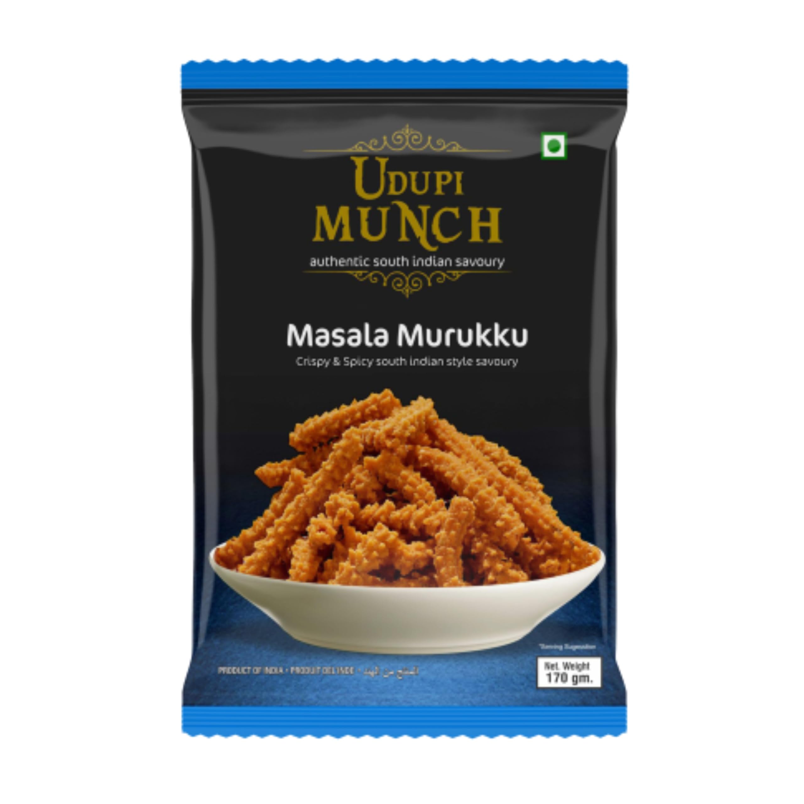 Chheda's Udupi Munch Masala Murukku 170g | Spicy South Indian Snack | Crunchy & Flavorful | 100% Vegetarian Namkeen | Authentic Indian Savory Treat