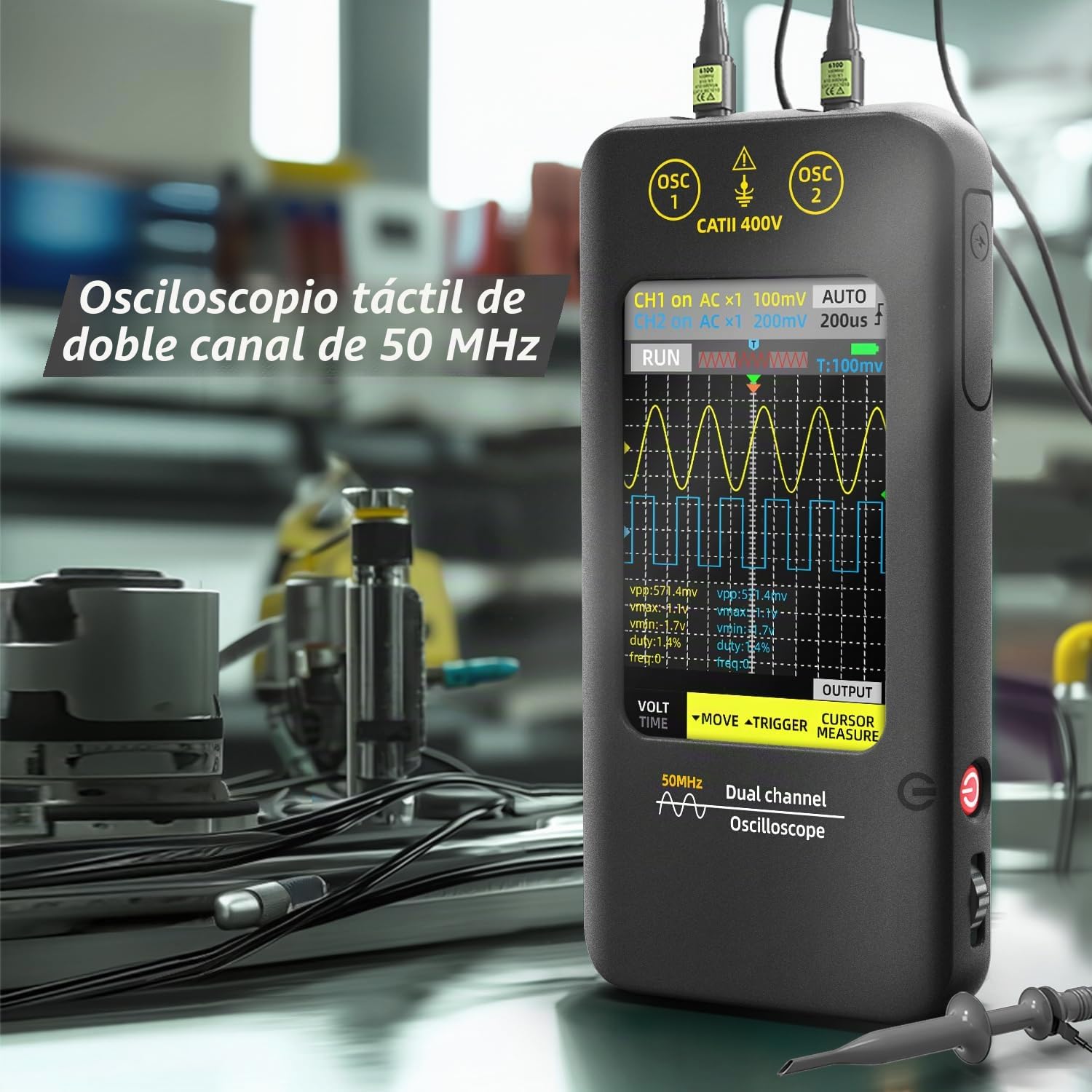 BSIDE Osciloscopio Digitales Osciloscopio de mano de 2 canal y 50MHz de ancho de banda con pantalla táctil de 3.98'' Osciloscopio portátil 250MSa/s de frecuencia de muestreo Generador de señal