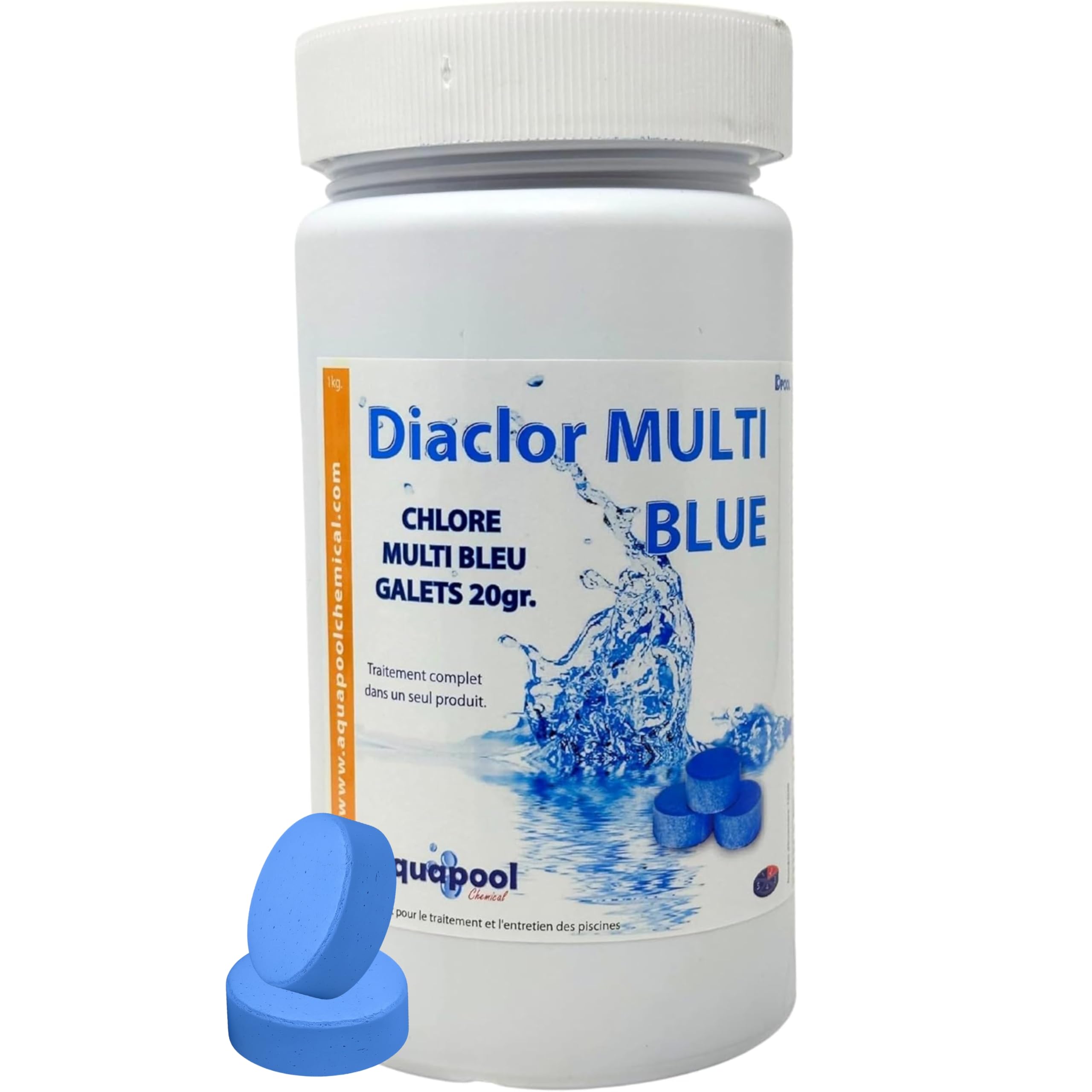 Chlore Multi Blue Pastilles de 20g Multifonctions - Traitement Tout-en-Un pour Piscine - Désinfectant, Algicide, Stabilisant, Clarifiant - Maintient l'eau Transparente et cristalline (1KG)