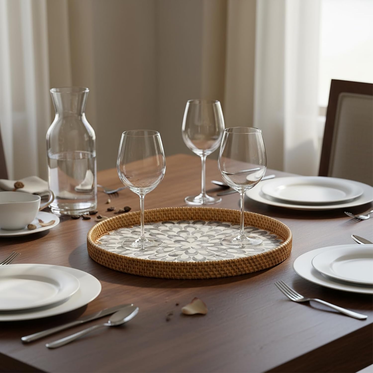 16 inch Round Rattan Tray with Mother of Pearl Inlay Wicker Serving Tray with Wooden Base Boho Decorative Wicker Basket for Table Decor Bathroom Candle Perfume(Plume) - Image 3