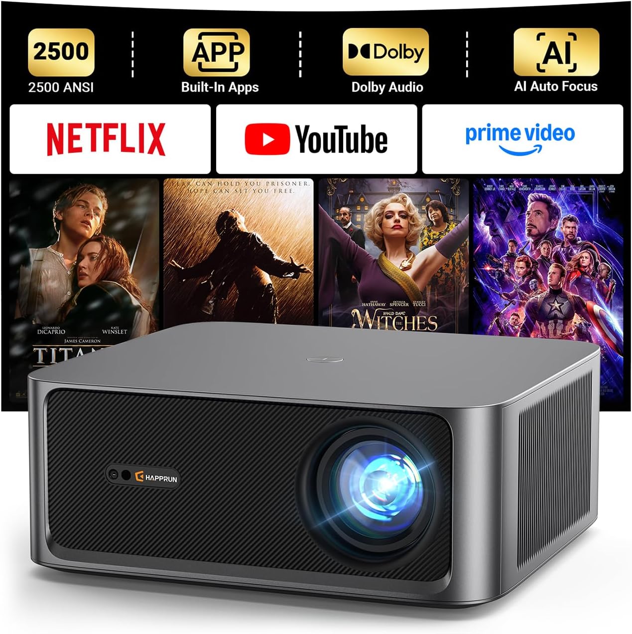 HAPPRUN 2500 ANSI Lumens Outdoor Projector with Built-in Streaming Apps, 4K Decoding Resolution, Dolby Audio, WiFi 6 and Bluetooth 5.2 for Indoor and Outdoor Home Theater