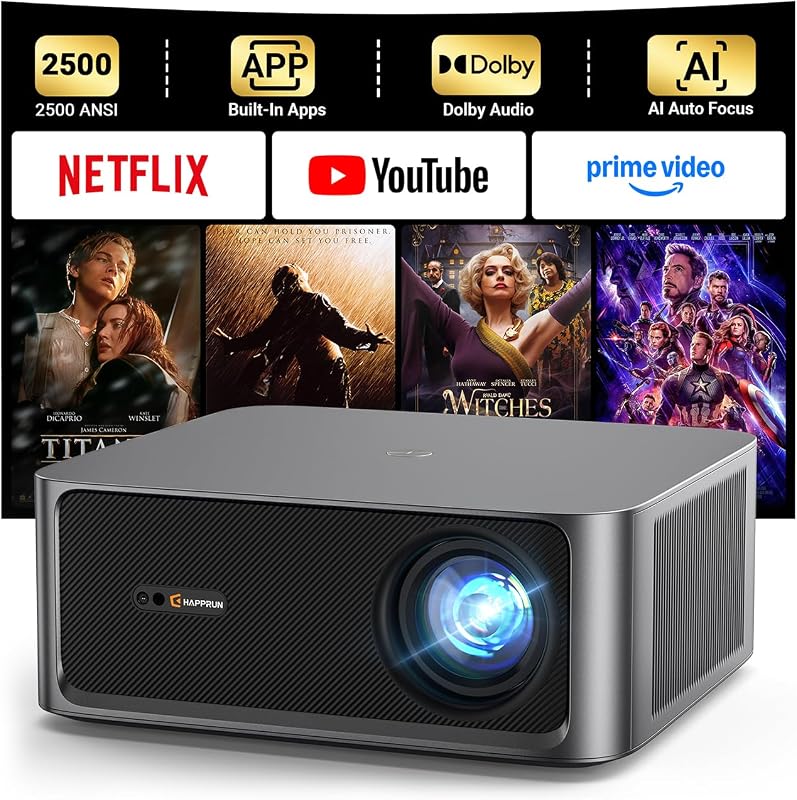 2500 ANSI Lumens Outdoor Projector with Built-in Streaming Apps, 4K Decoding Resolution, Dolby Audio, WiFi 6 and Bluetooth 5.2 for Indoor and Outdoor Home Theater