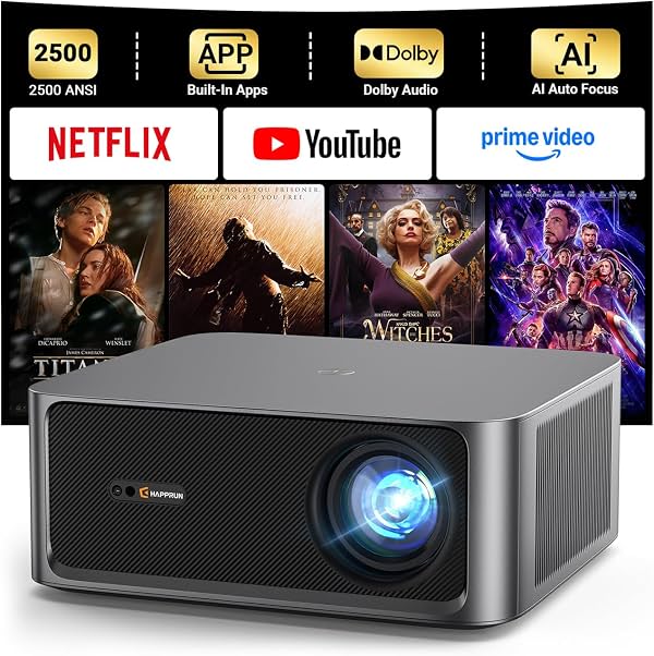 Proyector Exterior HAPPRUN 2500 lúmenes ANSI con aplicaciones de streaming integradas, resolución de decodificación 4K, Audio Dolby, WiFi 6 y Bluetooth 5.2 para cine en casa interior y exterior