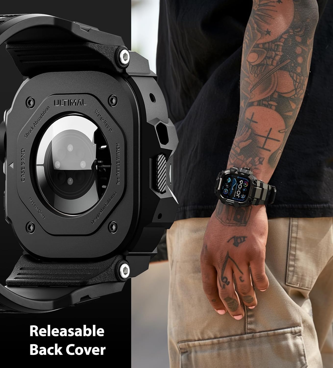 ULTIMAL Rugged Case with Band for Apple Watch 49mm,Compatible with Apple Watch Ultra 3/2/1, Military Grade Shockproof Bumper Cover for iWatch Tactical Band Men (Black, 49mm) - Image 4