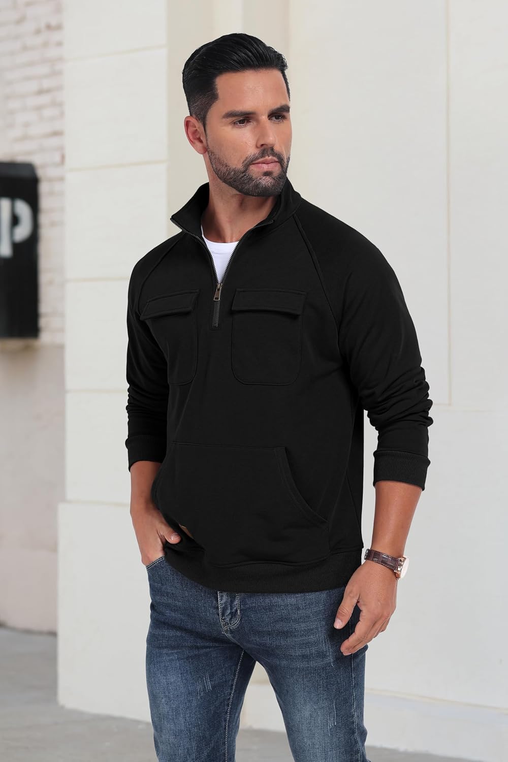 Lepunuo Cargo Sweatshirts for Men Quarter Zip Long Sleeve Warm Fleece Tactical Pullover Casual Athletic Loose Sweatshirts - Image 4