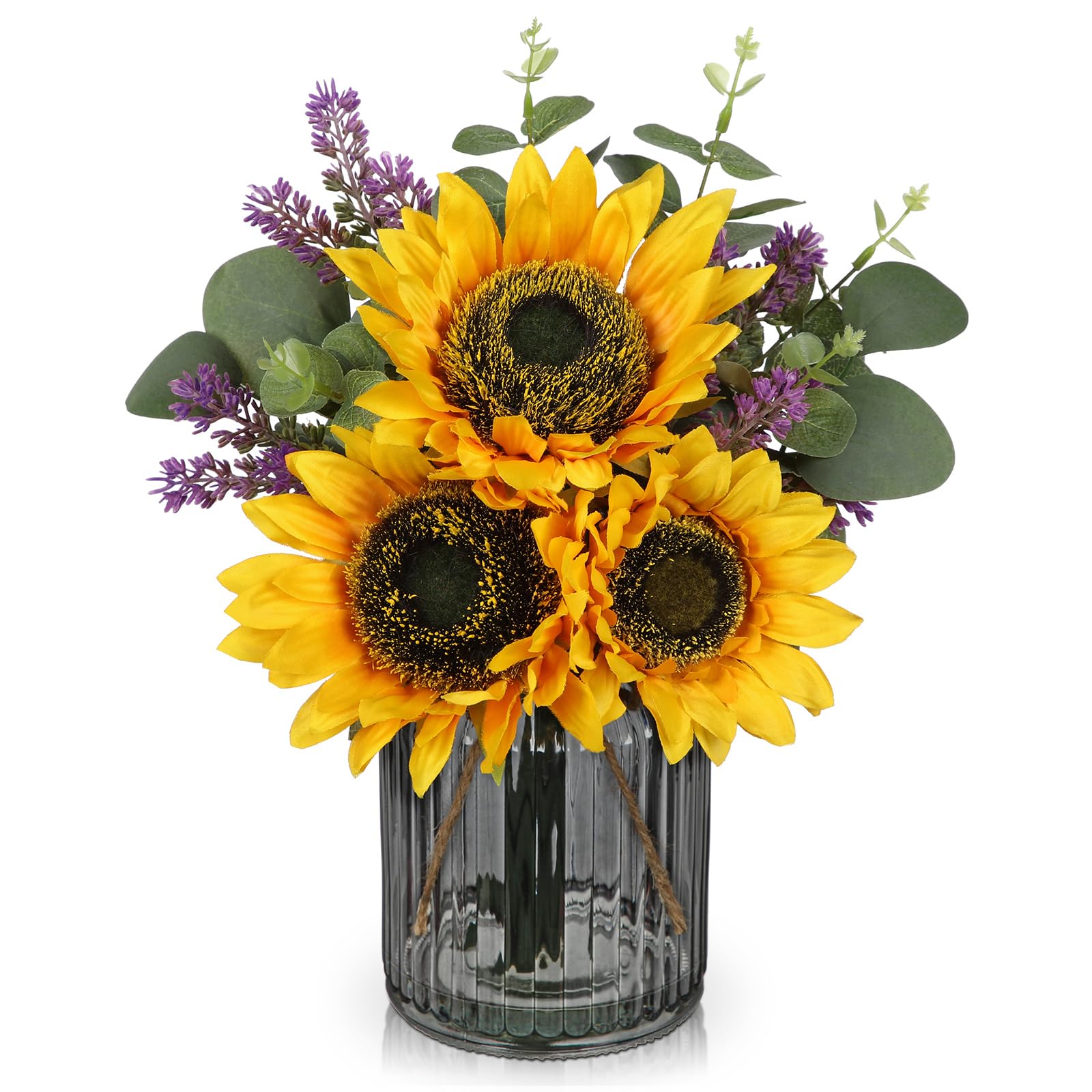 Oairse Girasol artificial con jarrón de cristal, plantas artificiales con eucalipto, decoración de mesa para sala de estar, para bodas, fiestas, arreglos florales, alféizar de ventana, decoración y