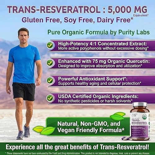 Miniatura 2 de Purity Labs Suplemento Puro Orgánico de Trans Resveratrol con Quercetina, Suplementos Nutricionales Veganos Antioxidantes para el Corazón, Piel,