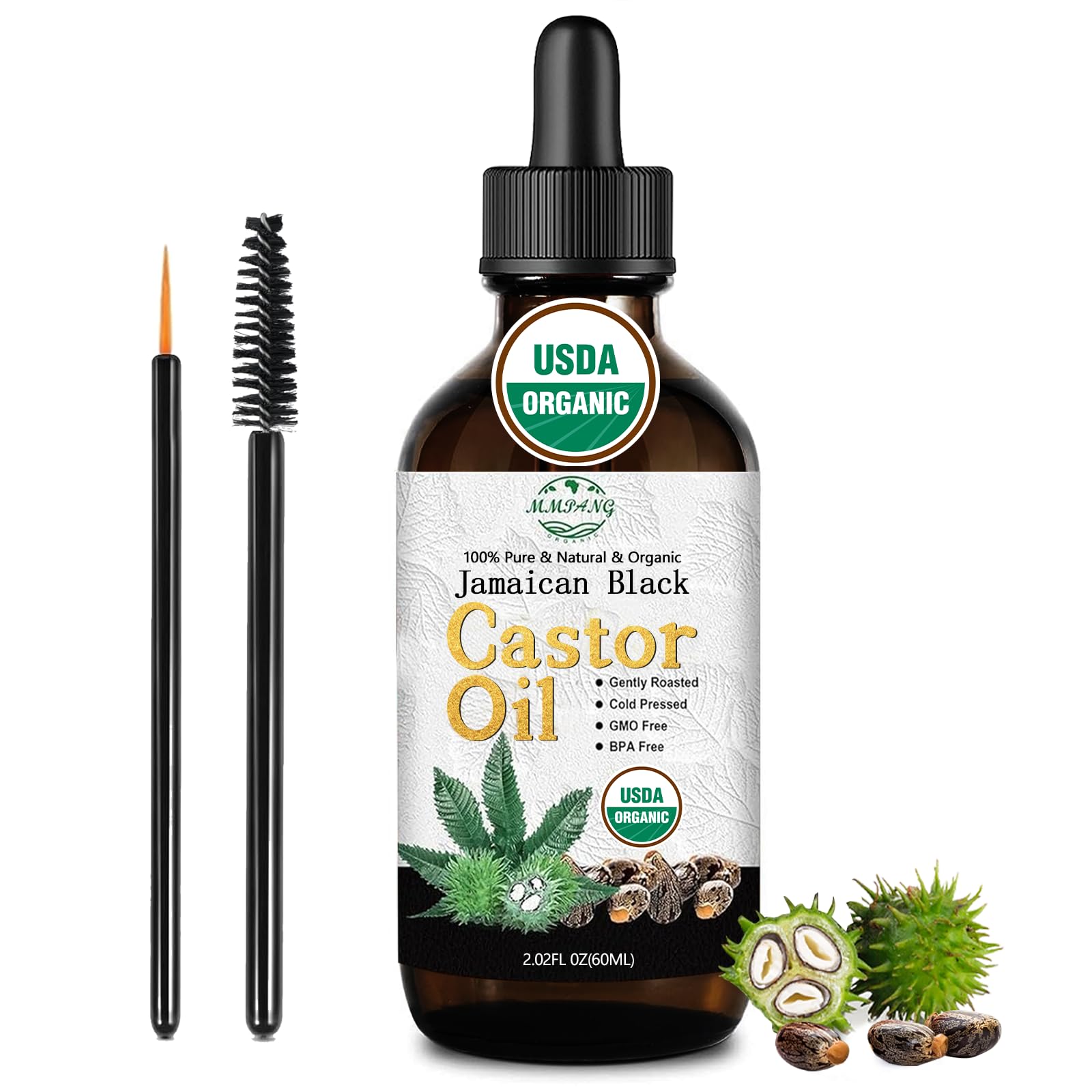 MMPANG USDA Organic Jamaican Black Castor Oil - 100% Pure, Cold Pressed, Hexane-Free & Vegan, 2oz Brown Glass Bottle w/Dropper & Dual Brush for Hair Growth, Thicker Eyelashes, Brows & Scalp Care