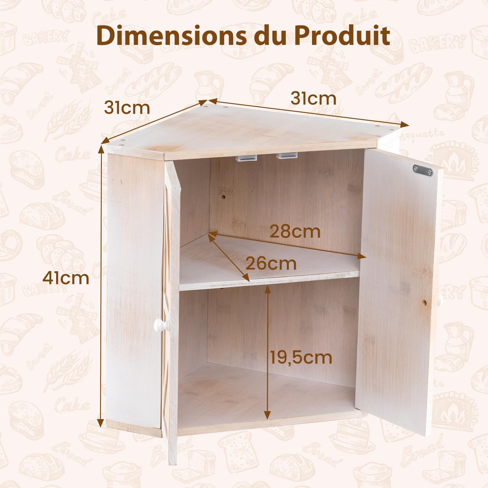COSTWAY Boîte à Pain en Bambou avec Portes, 31 x 31 cm, Petit Boîte de Rangement à Pain en Coin avec Étagère Réglable, Contenant à Pain en Bois, Style Ferme, Peu Encombrante et Facile à Entretenir