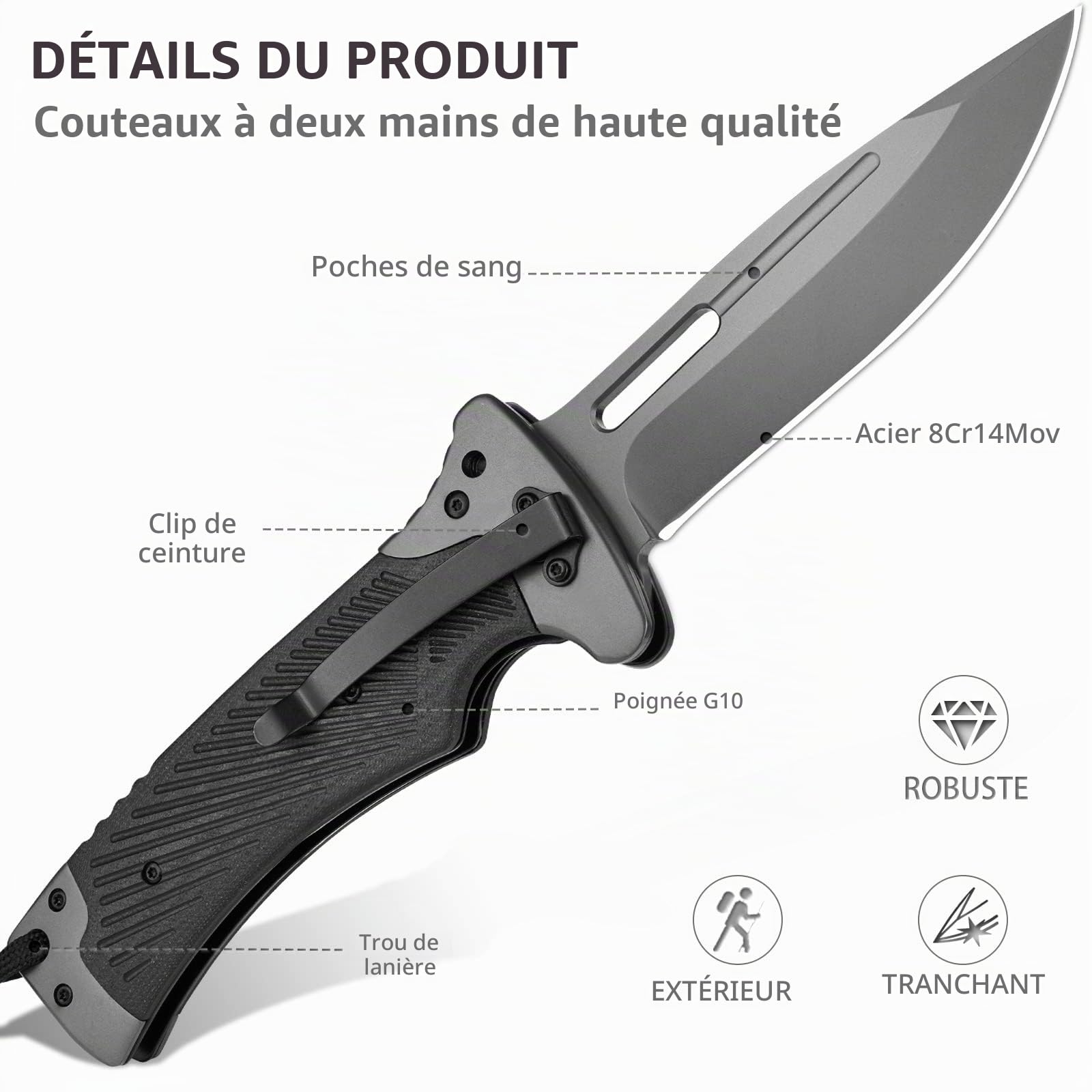 LOTHAR RHINO Couteaux pliants, Couteaux de poche Tranchants Outdoor, Couteaux Outdoor Avec Manche G10, Couteaux de Survie, Couteaux de Camping XINIU