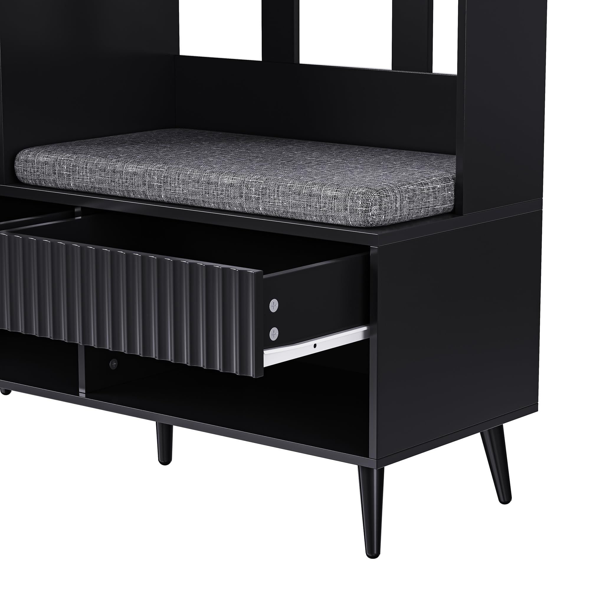 Juego de muebles de entrada que incluye un perchero y un banco para zapatos, vestuario de pared de entrada con 4 ganchos, dos cajones, 1 puerta, y un práctico panel de pared perforado para el pasillo