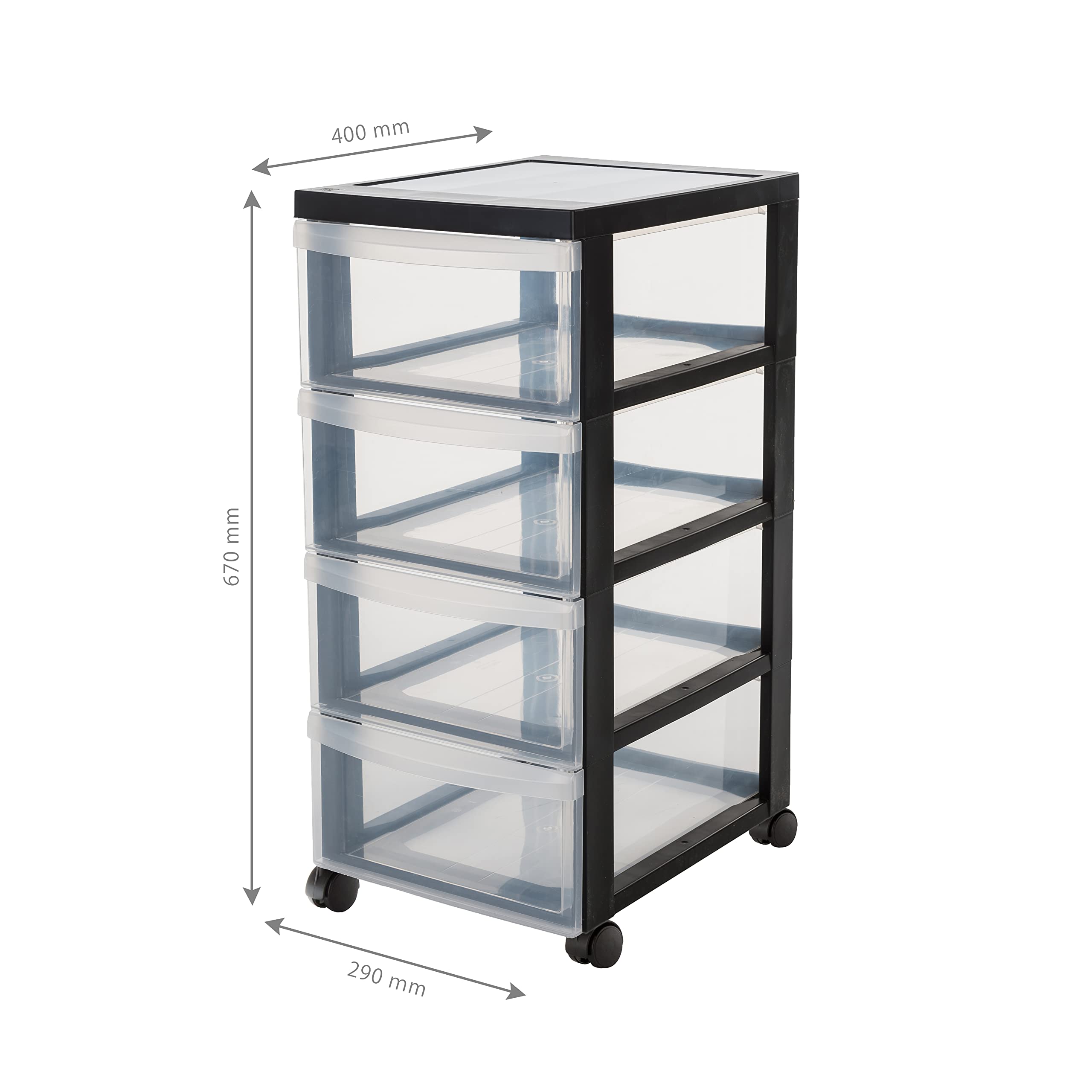 Kreher® Set aus 2 Stück Rollwagen, Bürowagen mit jeweils 4 Schubladen. Aus Kunststoff. Rahmen in Schwarz, Schübe in Transparent. Rollen auf Metallachse. Maße pro Rollwagen BxTxH: 32 x 41 x 68 cm.