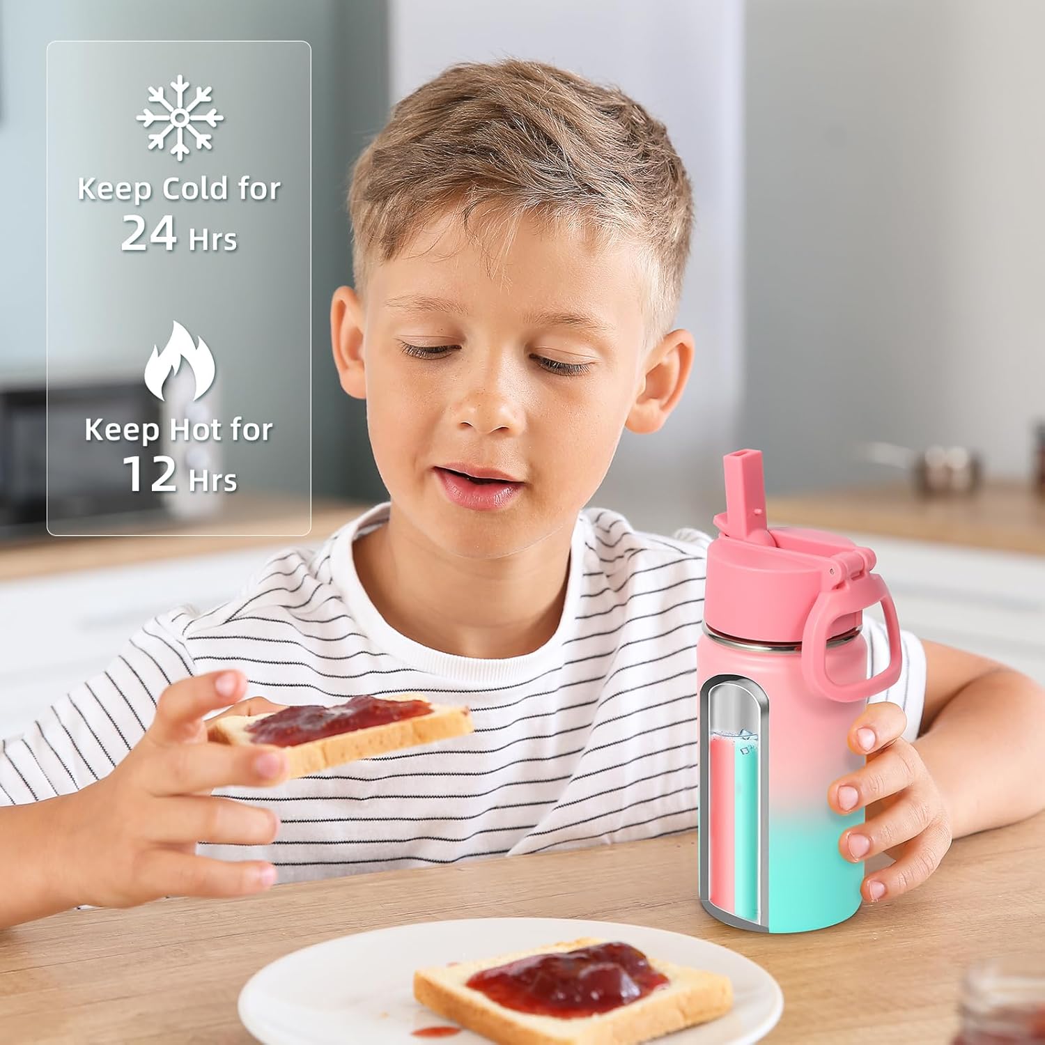 Volhoply 14oz KIds Stainless Steel Insulated Leakproof Water Bottle with Straw Lid and Silicone Boot,BPA-Free Easy Use for Boys&Girls,Double Wall Vacuum Bottles(Pink Green,1) - Image 6