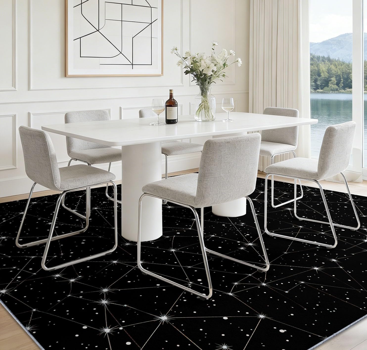 Traumhafter Nachthimmel Teppich Waschbar Weiße Linien Sterne Teppich 120 x 170 cm, Weiche Niedriger Teppiche rutschfest Waschbar Pflegeleicht Teppiche Für Wohnzimmer Schlafzimmer Küche