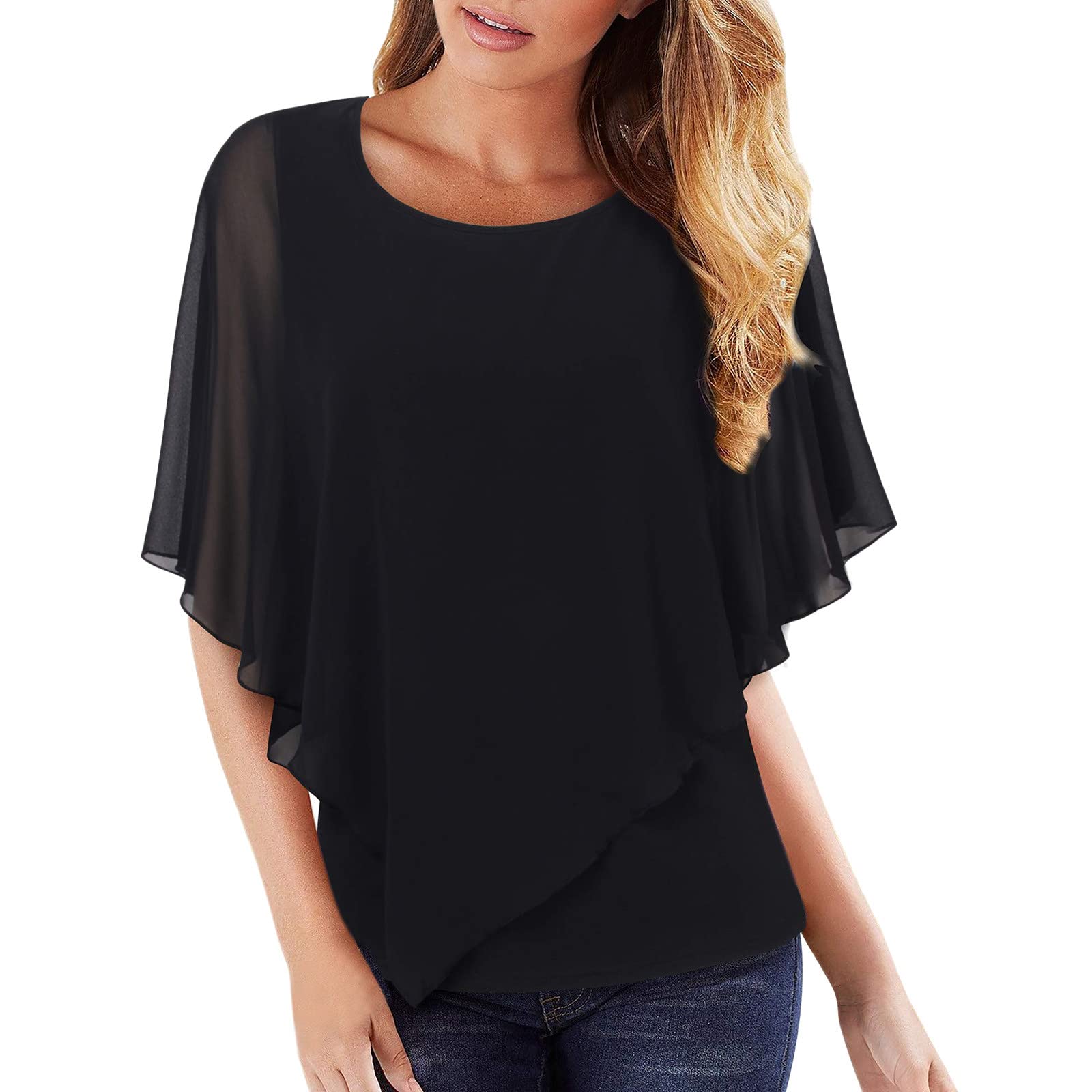 VEMOW Blusa de Gasa Mujer Camiseta sin Mangas con Chal Camisa Cuello Redondo Ligero Camiseta Chiffon Mangas Acampanadas Blusas y Camisas Top de Gasa Elegante Top de Doble Capa