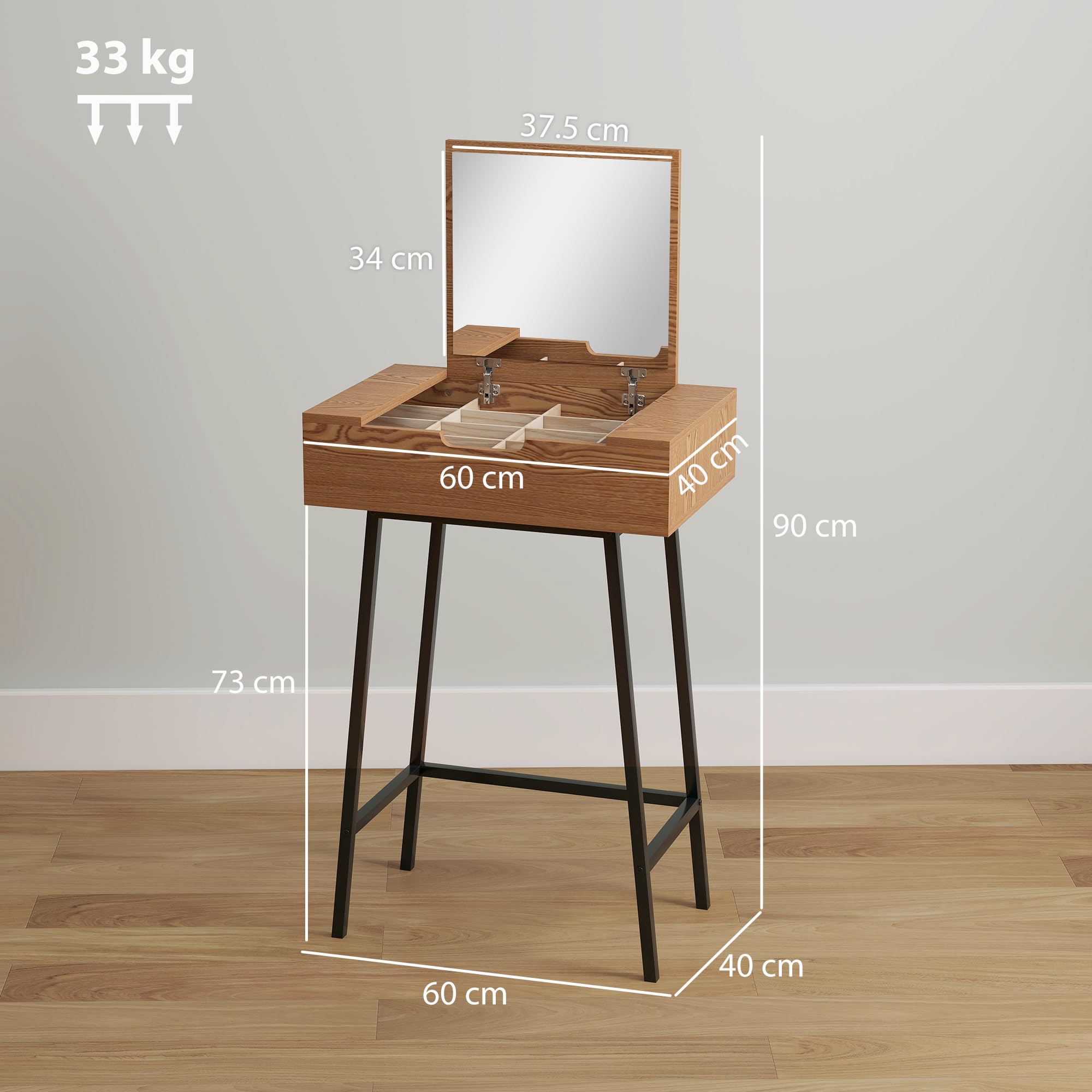 HOMCOM Toeletta Trucco con Specchio Ribaltabile 60x40x90 cm Colore Legno | Elegante, 16 Scomparti Nascosti, Postazione Make Up, Legno e Acciaio, per Camera da Letto, Stile Moderno