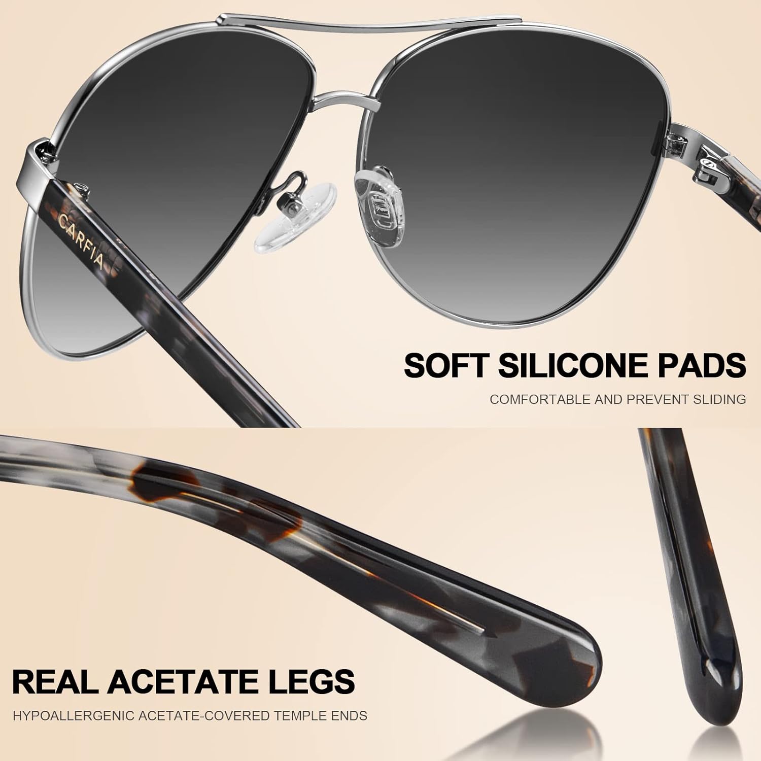 CARFIA Polarized Sunglasses for Women UV Protection Acetate Arms Metal Frame Woman's Shades CA3216 - Image 6