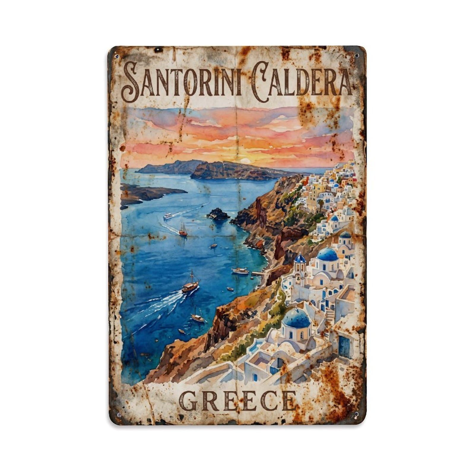 Fyrn Style Metal Tin Sign Vintage Travel Santorini Greece Caldera