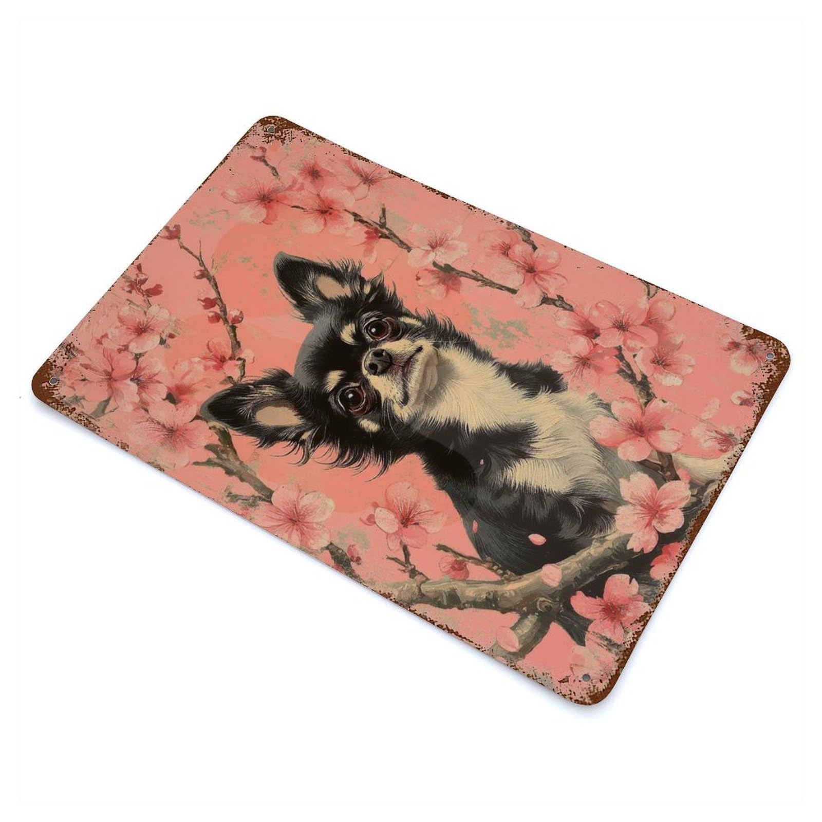 Chihuahua in Cherry Blossoms Dog And Blossoms Wall Art Rust Effect Tin Sign 11.8"x7.9", Ideal for Cafe, Home Bar And Lounge Decor