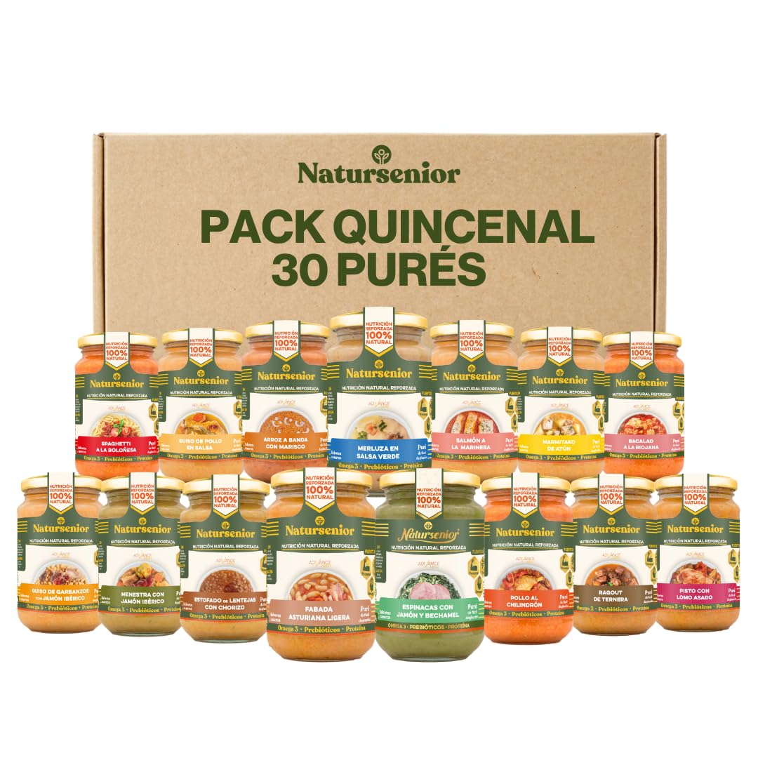 Natursenior - Pack QUINCENAL Purés Comidas y Cenas x30 ud - Puré para adultos y Personas con dificultad para tragar - Sabores Caseros - Alta Nutrición - 100% Natural,Omega 3, Fibra, Proteína 30x 340g
