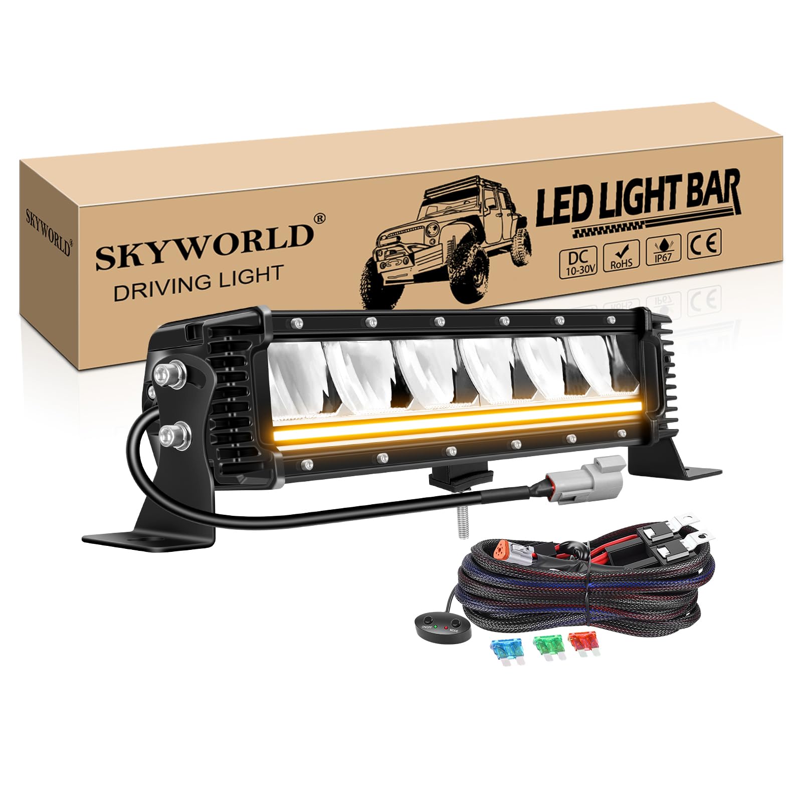 SKYWORLD 13 Cal 32 cm 40W Slim LED Light Bar, DRL Amber, Wodoodporny Dalekiego Zasięgu LED Light Bar z 12V Wiązki Okablowania dla 4x4 Off Road Samochód ATV SUV