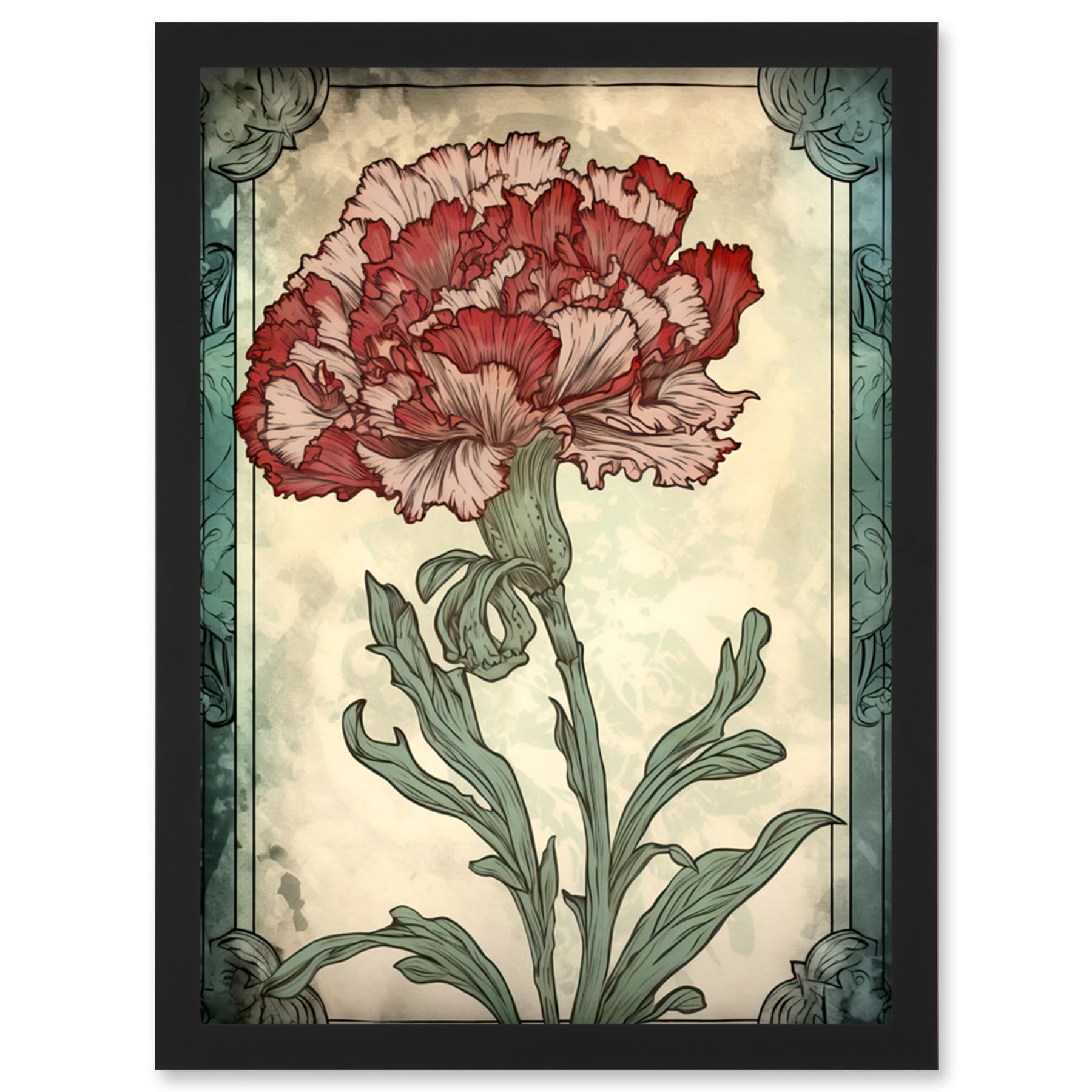 Artery8 Red Carnation Flower Bloom Watercolour Art Nouveau Artwork Framed Wall Art Print A4