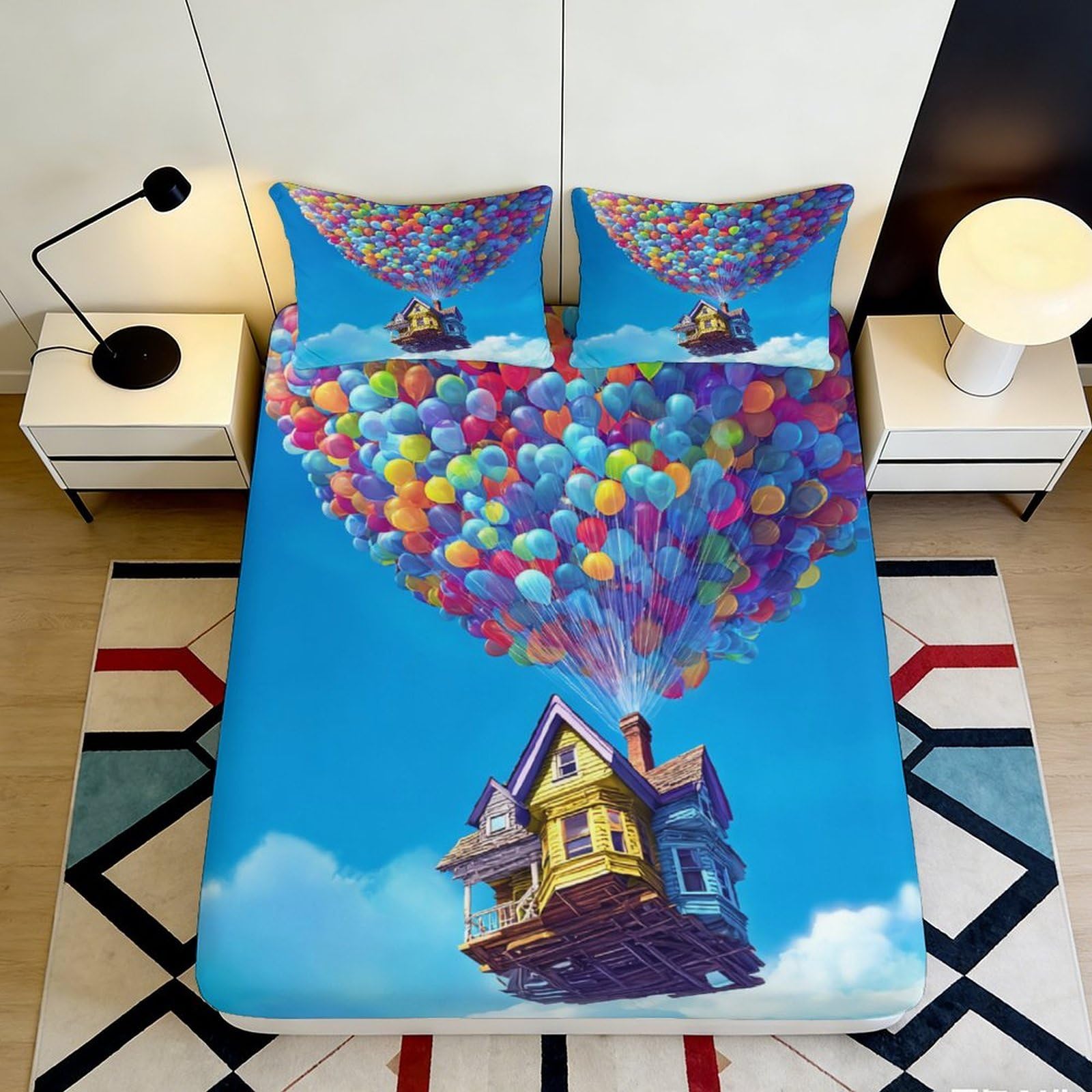 3D Printed Balloon House Fitted Sheet Microfiber Deep Pocket Non-Slip Bedroom Bedding Balloon Cottage Mattress Fitted Cover Washable 140x200x25cm