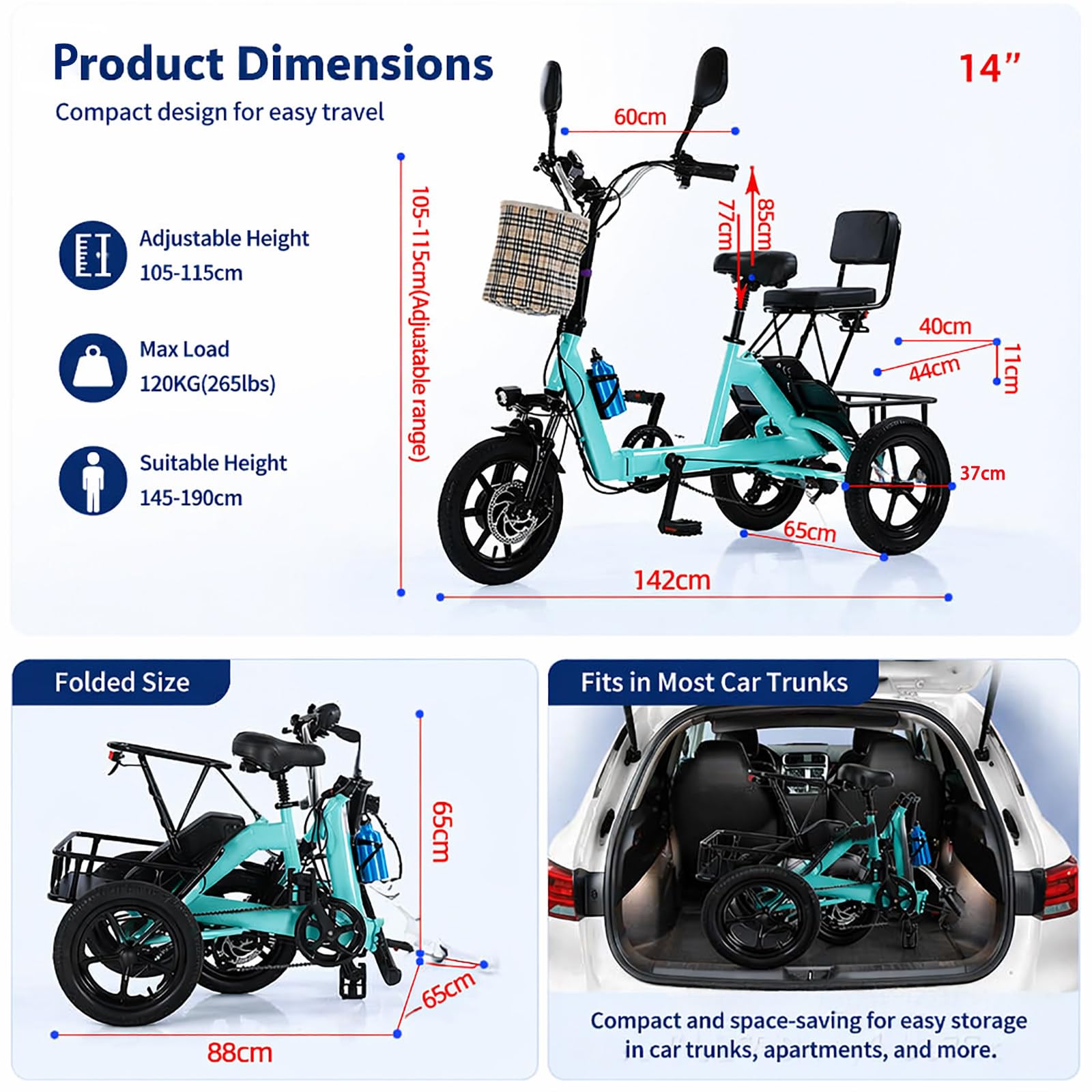 Triciclo Elettrico Pieghevole 14 Pollici Adulti Anziani 2 Posti 3 Ruote Bicicletta con LED Anteriore Posteriore Cestino Display LCD Uomo Donna Trasporto Cargo Urbano Quotidiano Green