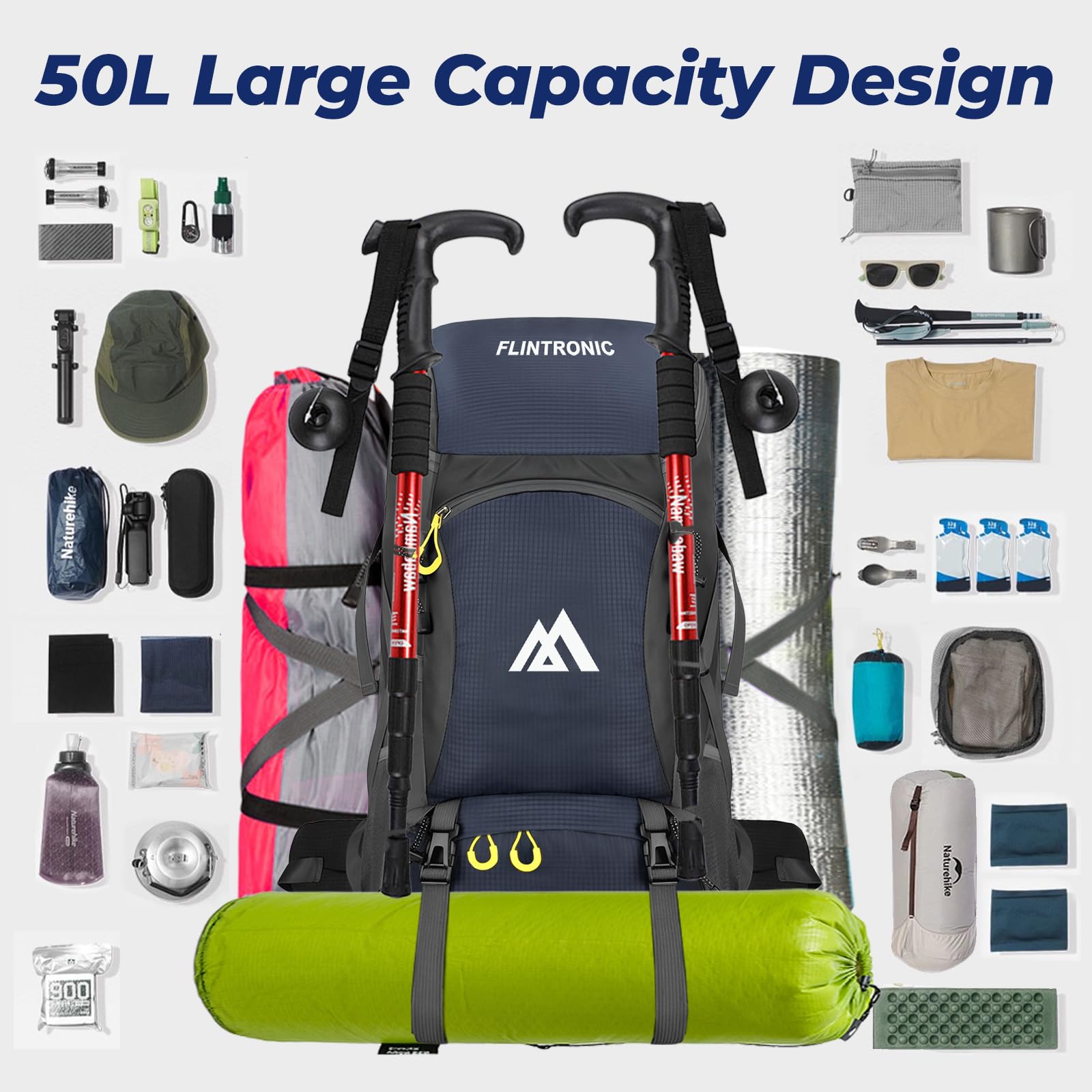 flintronic Plecak turystyczny dla mężczyzn i kobiet, 50 l, plecak outdoorowy, plecak trekkingowy, lekki, wodoszczelny, na podróż, sport, wędrówki, wspinaczkę górską, kemping, niebieski