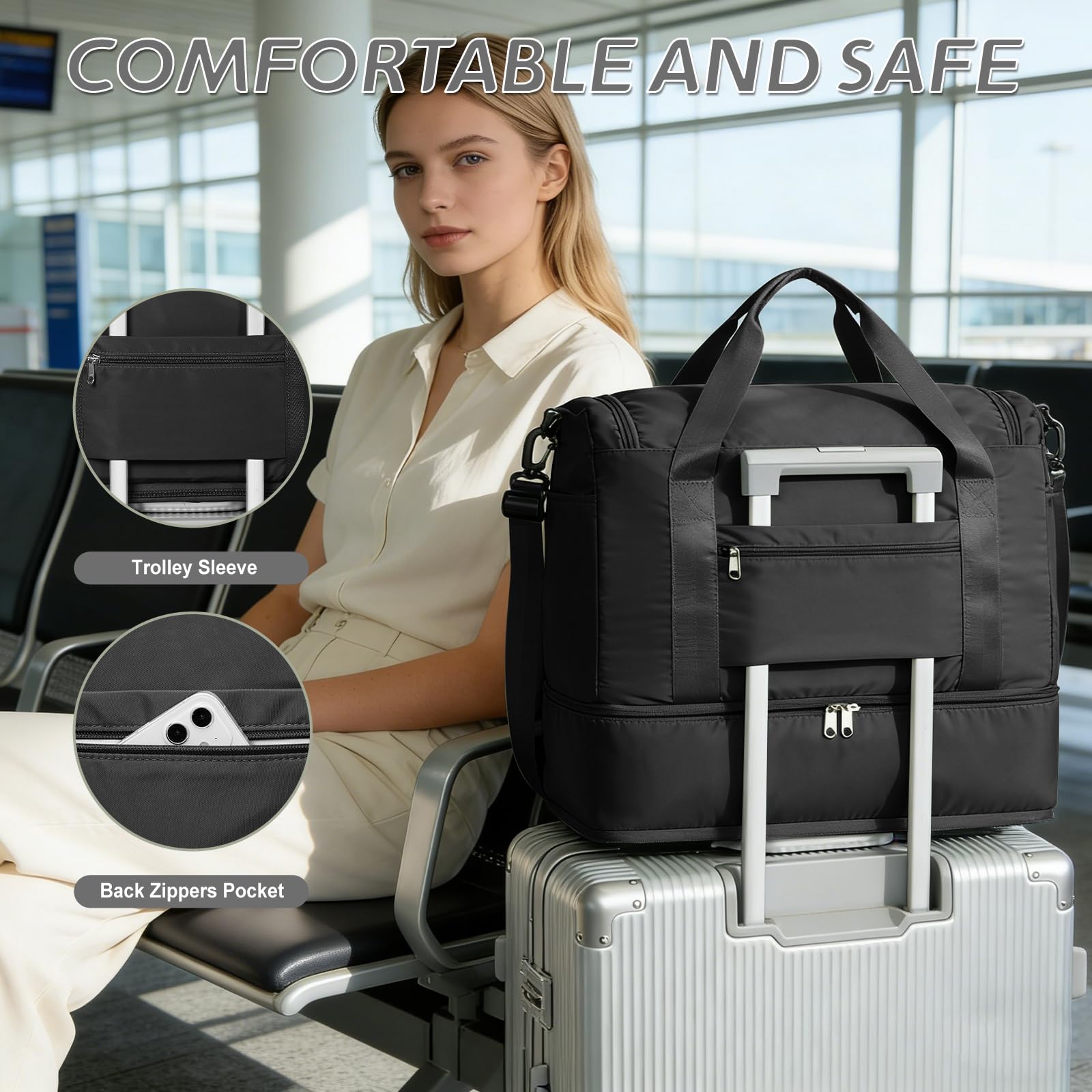 Borsone da Viaggio Donna Bagaglio a Mano 40x30x20 Ryanair Wizzair Borsa da Viaggio Donna Uomo Borsone Palestra con Scomparto per le Scarpe Travel Bag Borsa Sportiva Weekend,B02-Nero