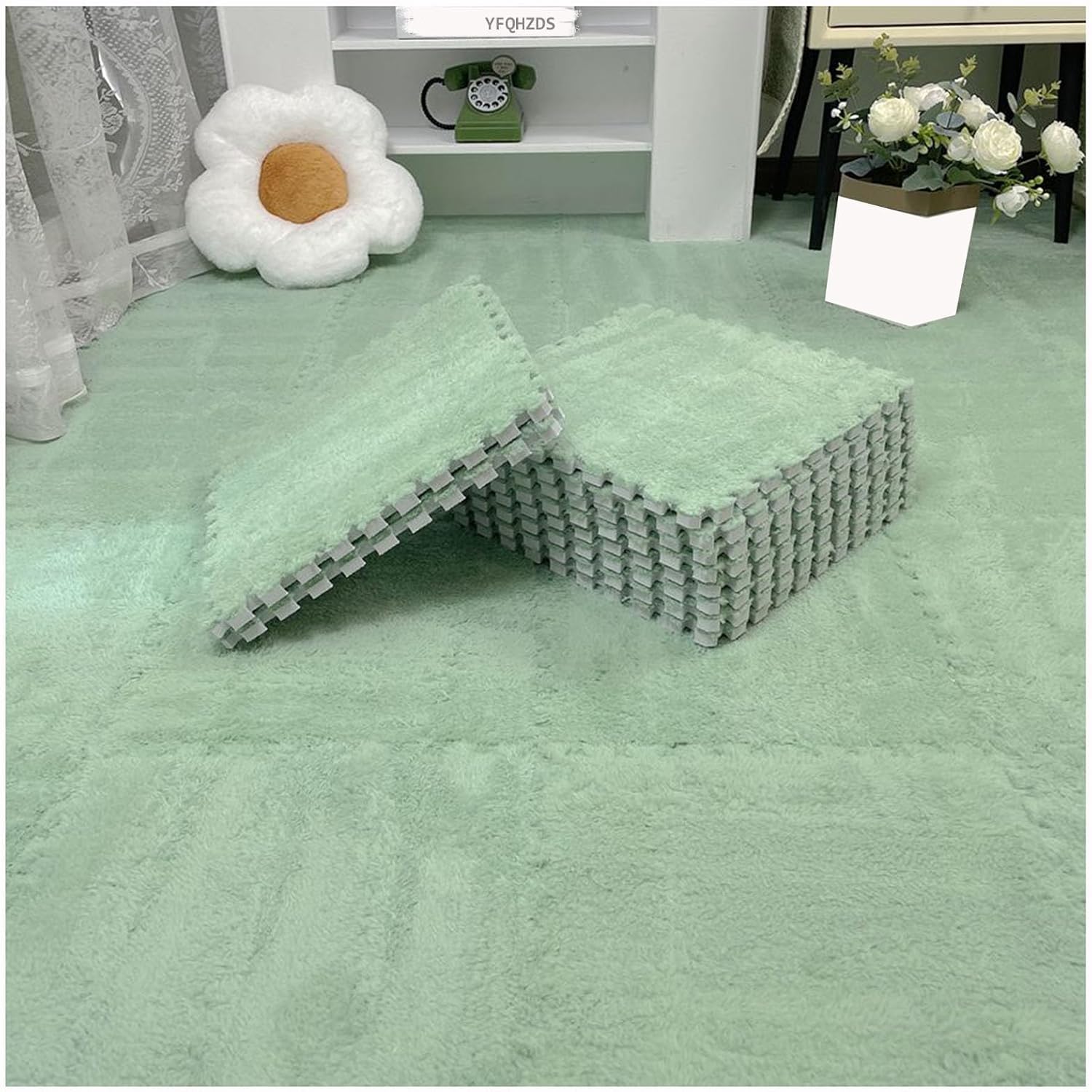 JvFbjLF Soft Plush Interlocking Floor Mats 12x12inch Puzzle Carpet Squares Fluffy Foam Floor Tiles With Border(Green)